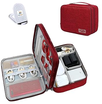 Seagull Flight Of Fashion Double Layer Electronic Gadget Organizer Case , Cable Organizer Bag for Accessories with Mobile Stand - 27 X 20 X 9 cm - Wine Red - Model 1