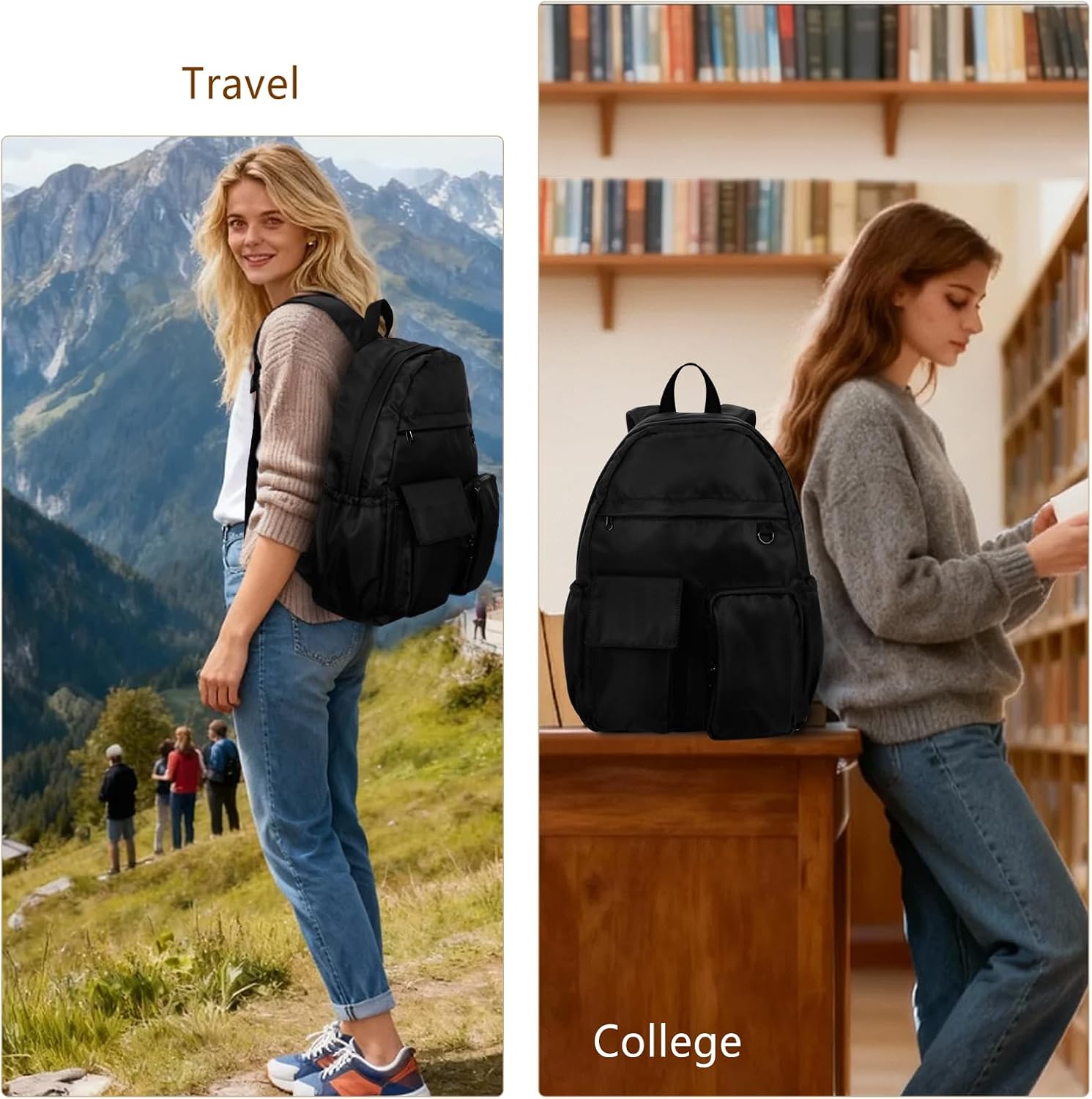 Women's Water-resistant Daypack Backpack, 15.6 Inch Laptop Compartment & Anti-Theft Pocket, Adjustable Padded Straps for Commuting, Travel, Work, College, Black