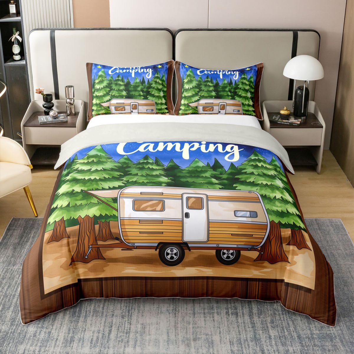 Housse de couette 220x240 enfant coton camping-car parure Homewish