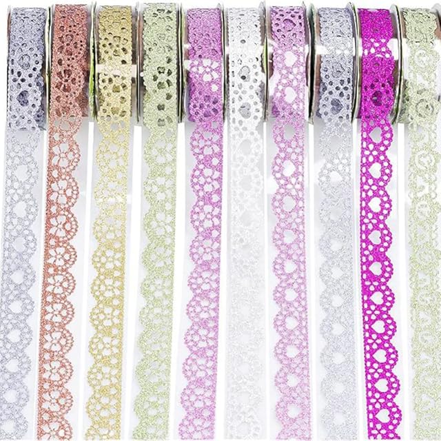 OmeHoin 10 Rolls Washi Tape Lace Pattern Self-adhesive Lace Tape Glitter Bling Colorful Hollow Sticker For DIY Scrapbooking Decorative Craft Gift Wrapping