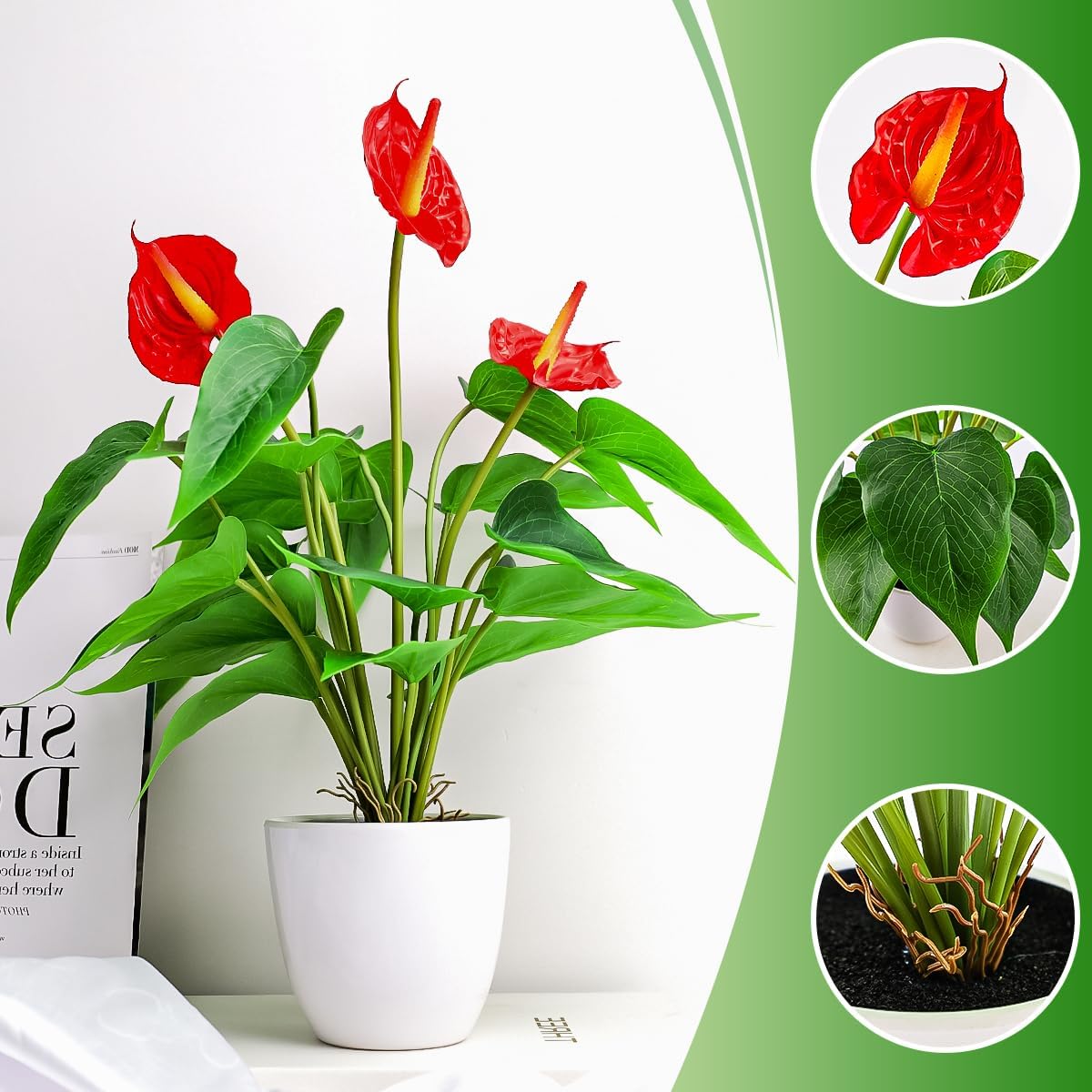 Folmywy Artificial Flower Plants Anthurium 15 Inch Small Faux Tropical Flowers Red Fake Potted Plant with Pot Bonsai for Home Living Room Bathroom Office Indoor Outdoor Occasions Decor - Image 3