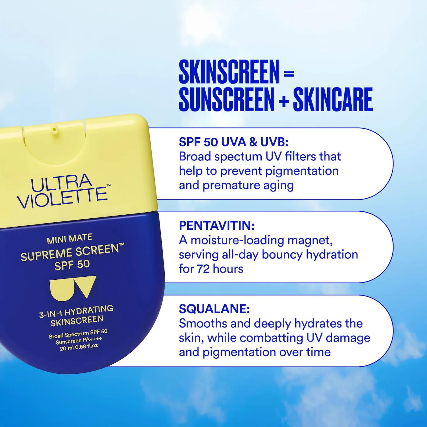 Ultra Violette Mini Screen SPF 50 Facial Sunscreen – 3-in-1 Moisturizer & Makeup Primer – Travel Size 20ml