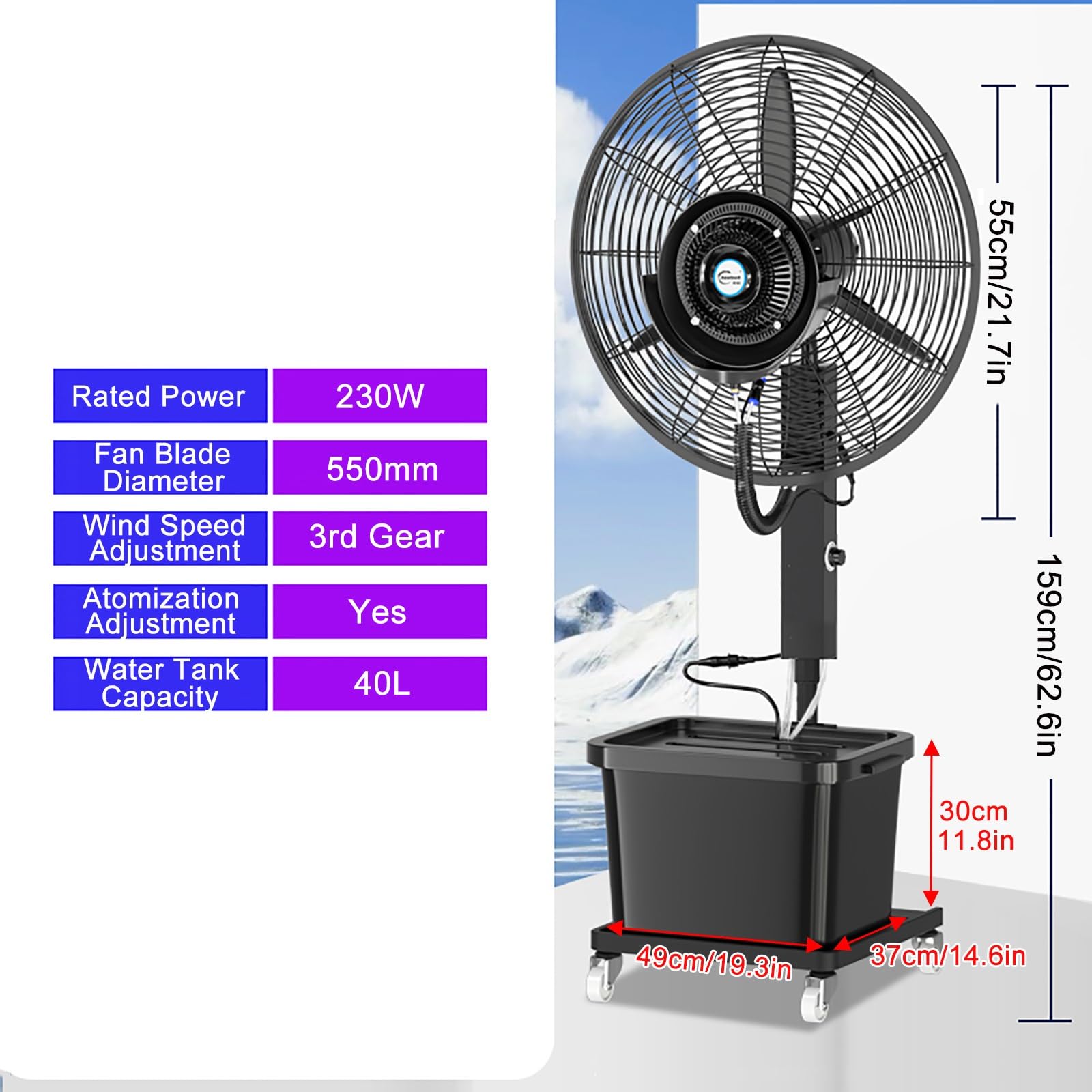 FQMYLTYN Commercial Misting Pedestal Fan with 3rd Gear, Cooling Fan with 42L Water Tank, Large Spray Fan With 90° Oscillation, for Garden Party/Garage/Gym/Office/Workshop/Backyards(55cm/22in)