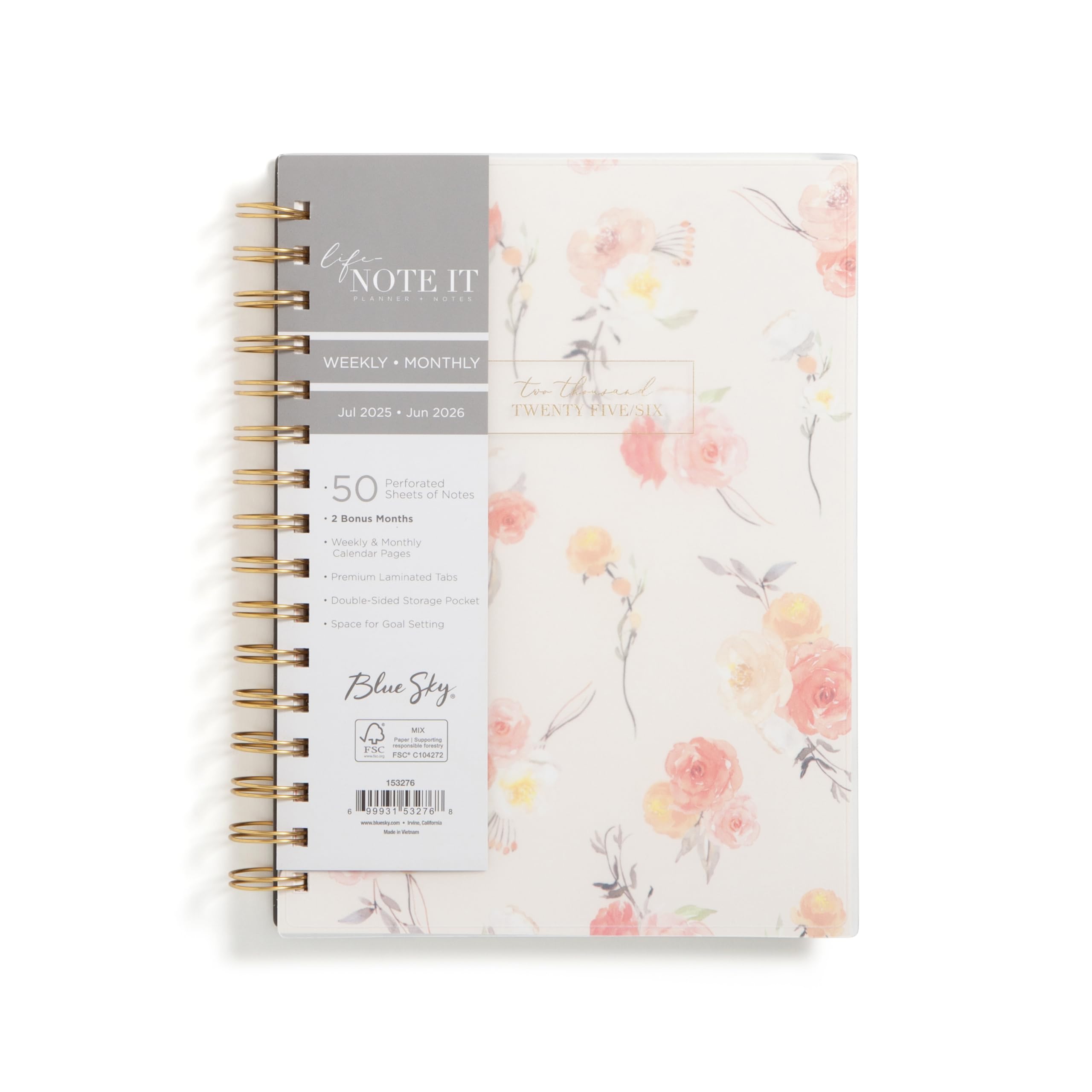 Blue Sky Life Note It 2025-2026 Academic Year Weekly and Monthly Planner, July 2025 - June 2026, 5.875" x 8.625", Frosted Cover, Laminated Tabs,