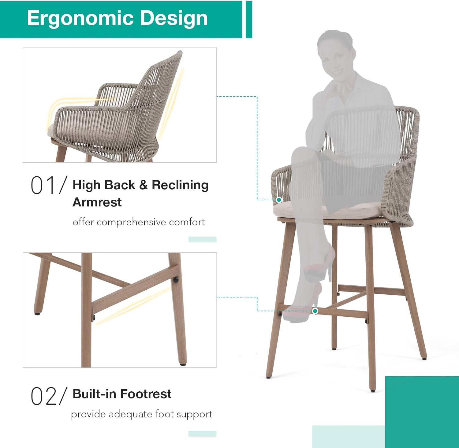 Patiorama Outdoor Bar Stools Set of 2, 46" Counter Height Bar Stools Chair w/Woven Rope Back and Arm, Patio Metal Modern Wicker Bar Chairs, Rattan Bar Stool for Kitchen Island,Pool, Wood Grain Finish