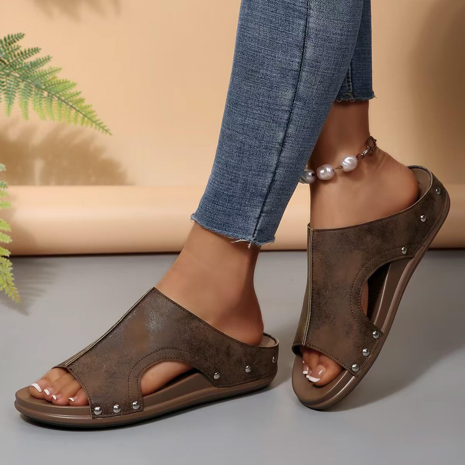 Pantuflas de casa para mujer, sandalias bajas de verano, sandalias cómodas con puntera abierta, correa al tobillo, pantuflas de corcho casuales Drssey, lindas sandalias bohemias de playa