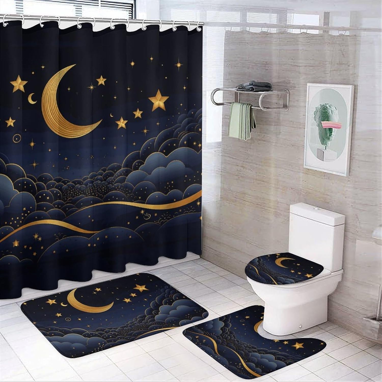 There are Stars and Moon on It Shower Curtain Set 4 Piece, Non-Slip Bath Mat with Toilet Lid Cover and Waterproof Shower Curtain with 12 Hooks, Complete Bathroom Set for Home Decor