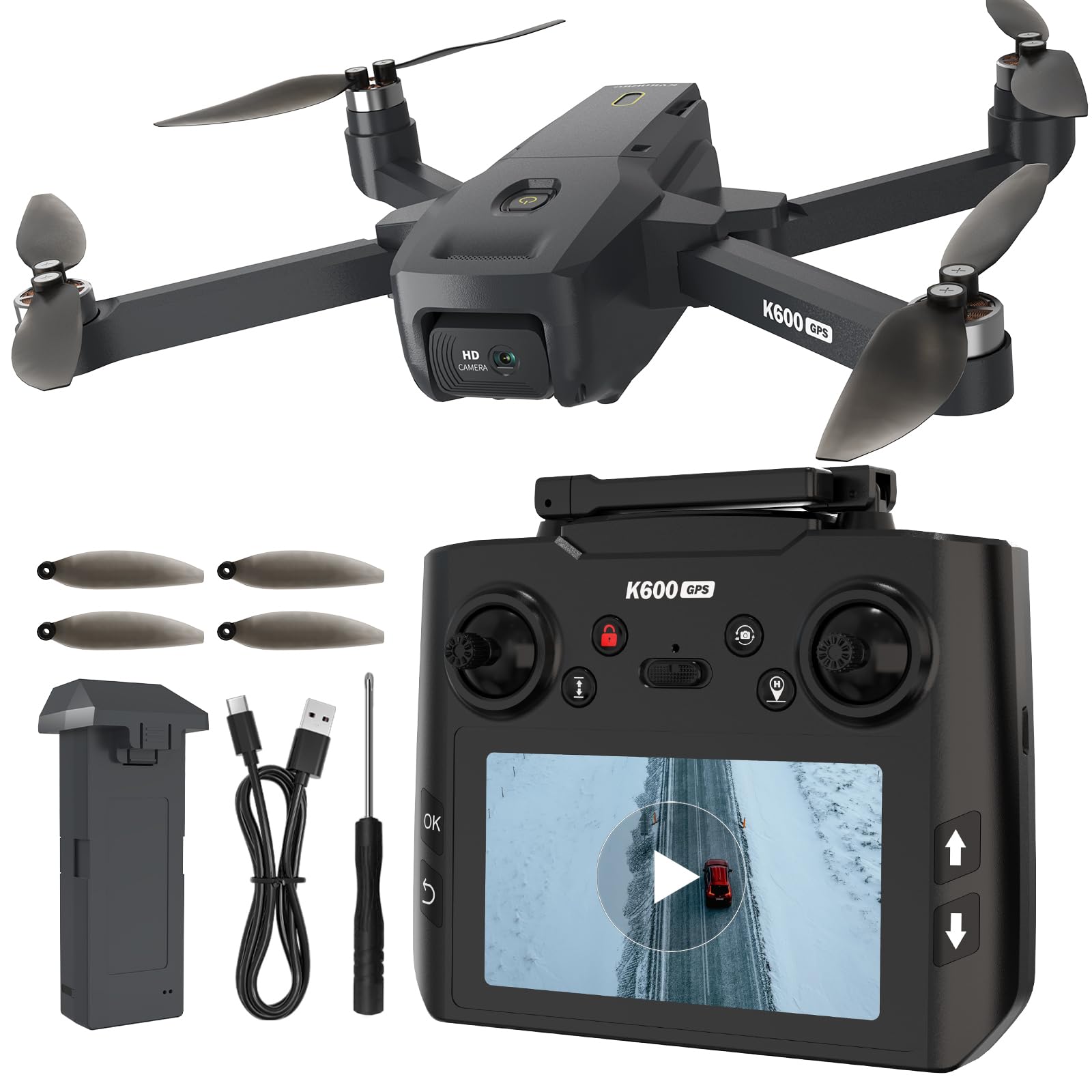 GPS Drone with 1080P HD Camera for Adults Beginners, 4.5" HD Screen Remote with Built-in Battery, 90° Adjustable Lens Foldable Quadcopter Brushless Motor, Auto Return Home, 22Min Flight, Headless Mode