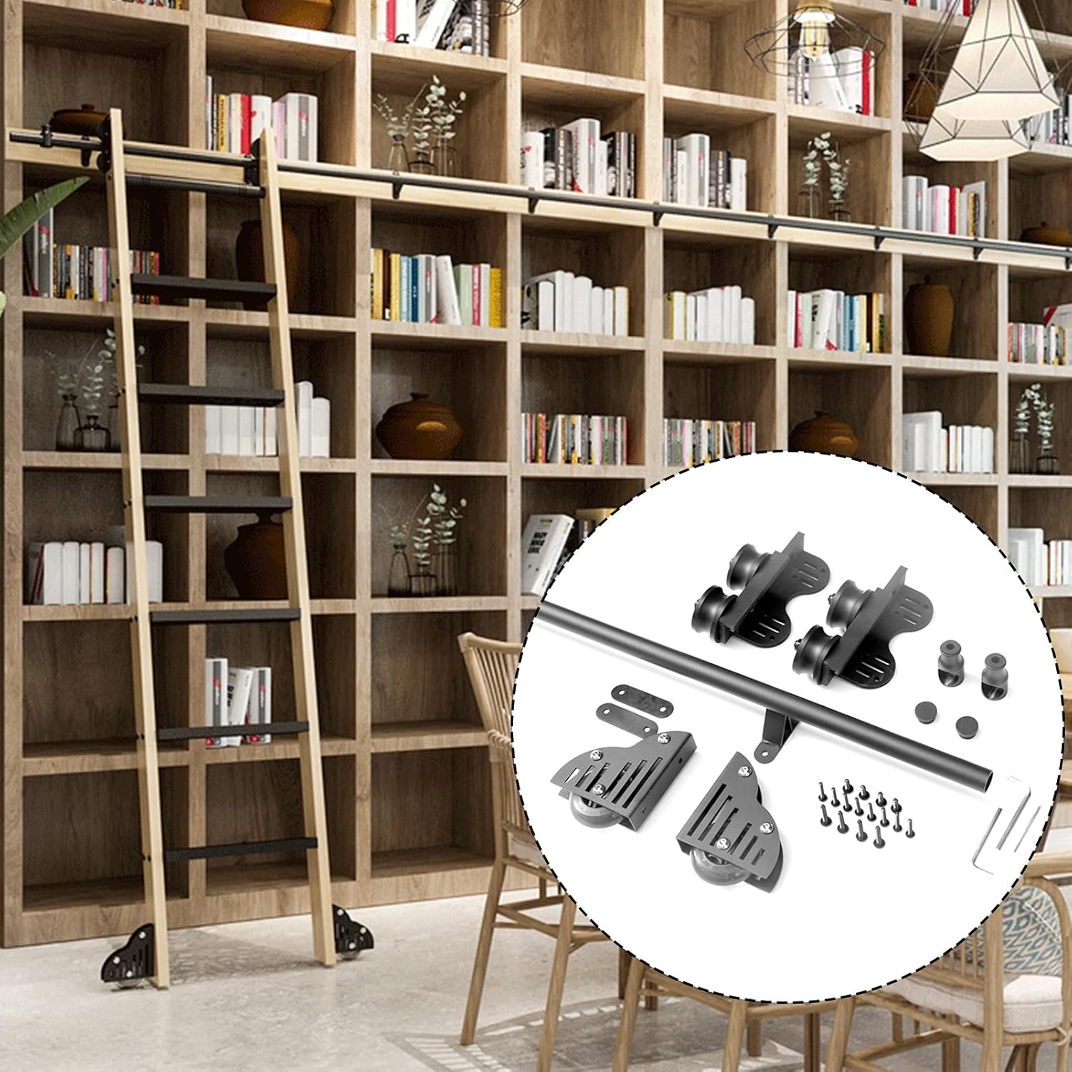 Mobile Ladder Track Full Set Hardware, Sliding Barn Door Hardware Kit with Round Tube Extention Track Sliding Ladder Hanging Rail for Home/Indoor/Loft/Library - Black Wrought Iron (No Ladder)