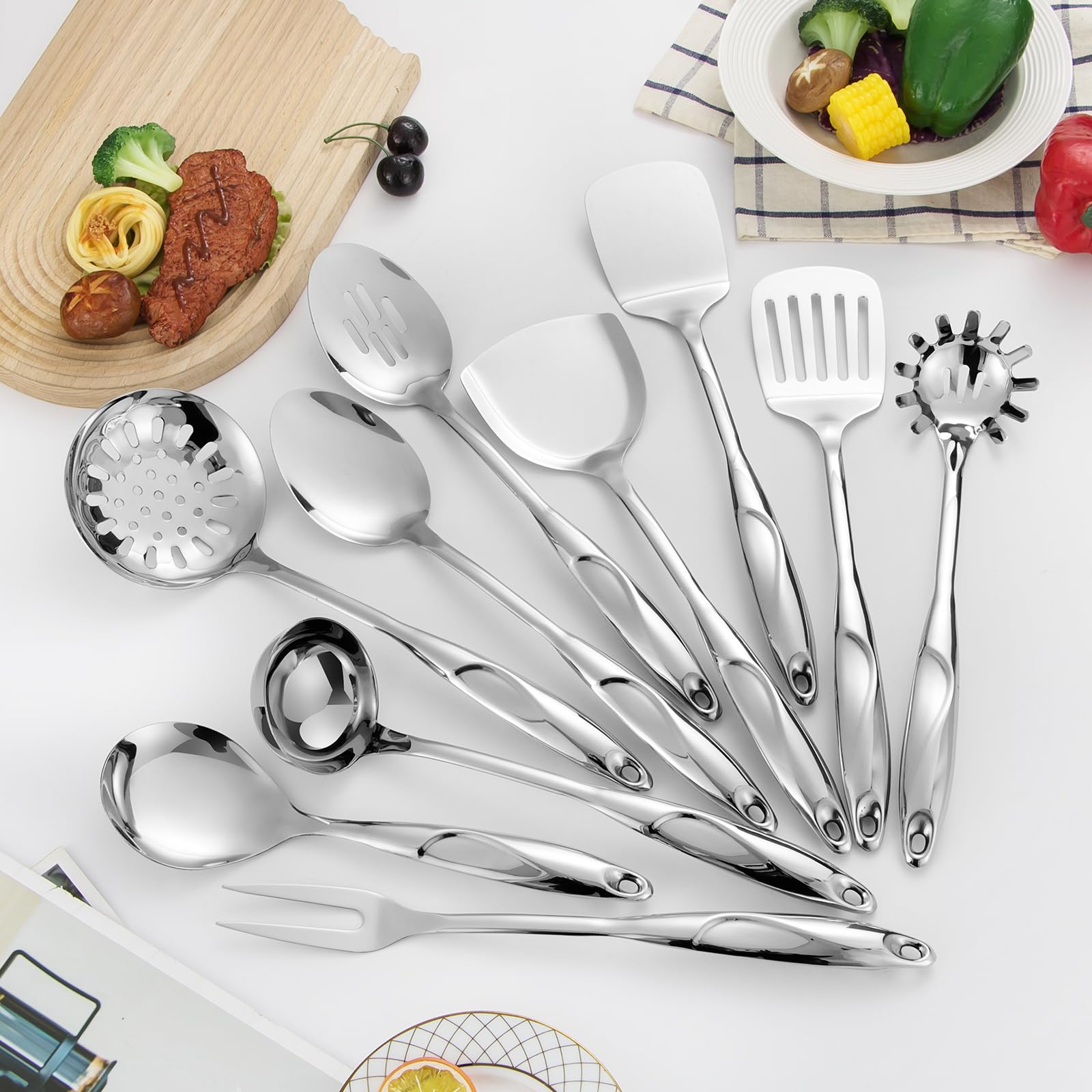 Juego de utensilios de cocina de acero inoxidable 304, 10 piezas de utensilios de cocina de metal, juego de utensilios de cocina y utensilios de cocina pulidos con espejo, apto para lavavajillas