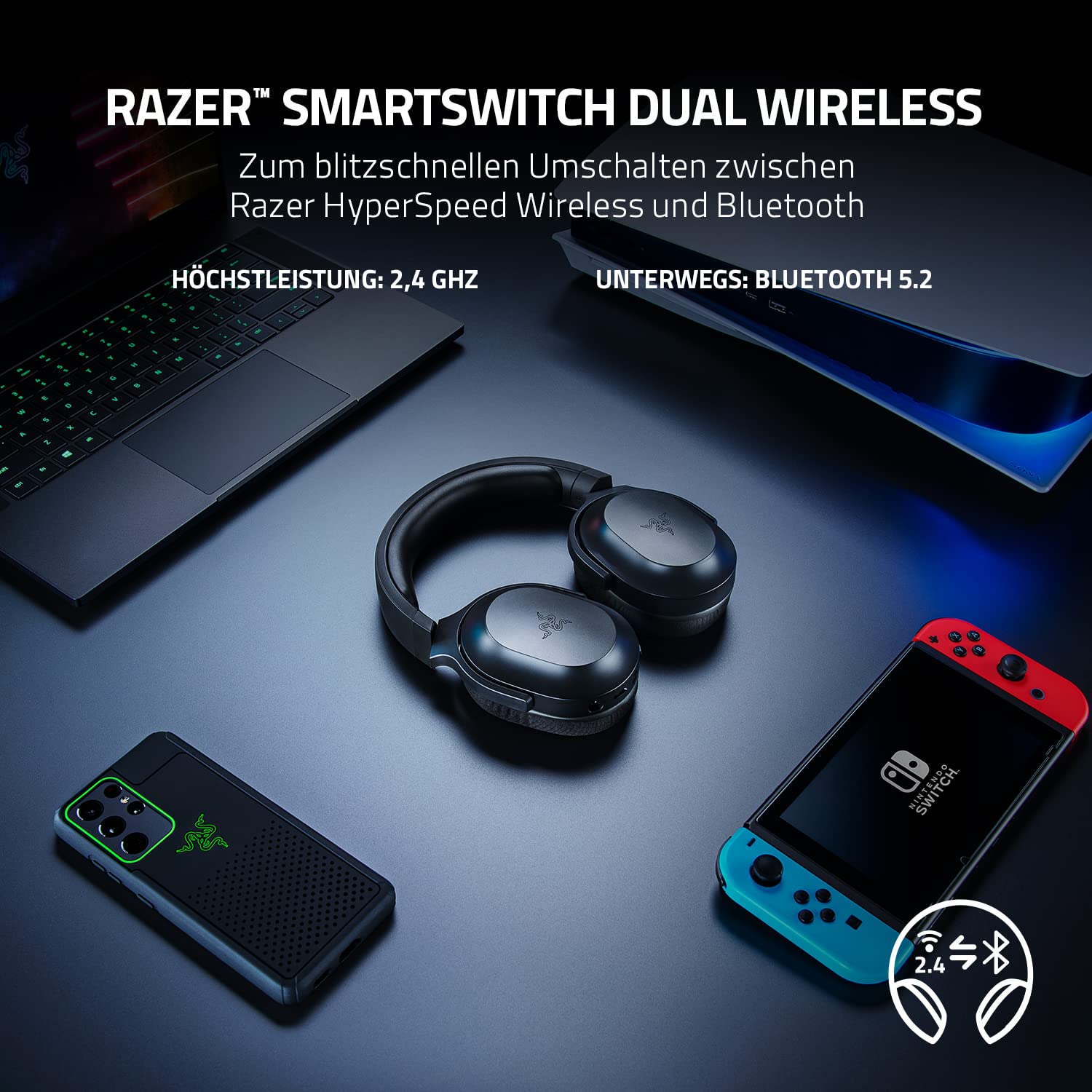 Razer Barracuda X Kabelloses Multiplattform-Headset Gaming SmartSwitch Dual Wireless Triforce 40mm Mikrofon Nierencharakteristik 50h Akku USB-C Schwarz