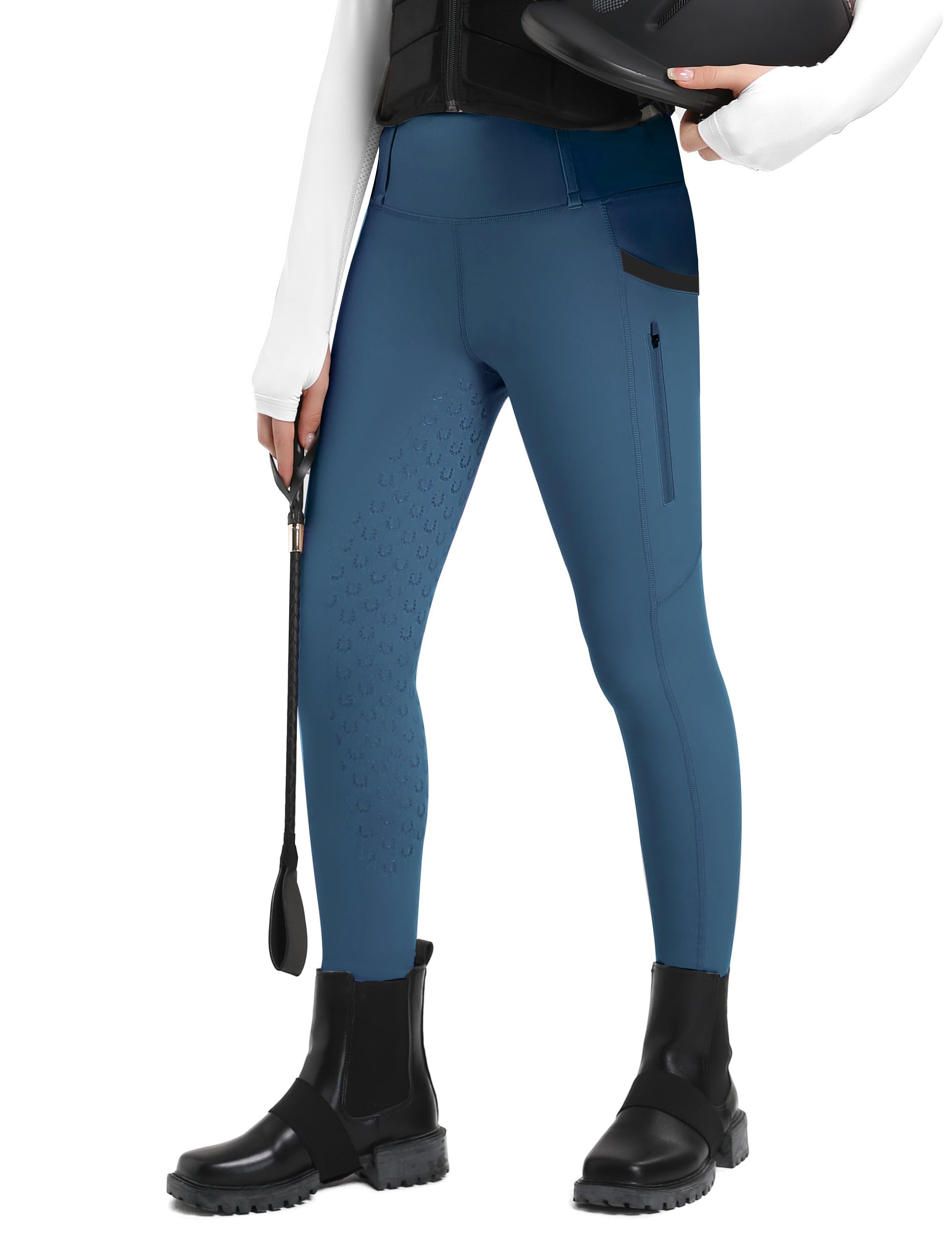 Girls Riding Pants Full Seat High Waist Kids Equestrian Breeches Horse Schooling Tights Zipper Pockets