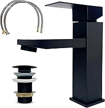 MSC Black Basin Mixer Tap with Pop-Up Waste, Bathroom Sink Tap with Stainless Steel Mounting Feet & Angled Nozzle, Single Lever Hot & Cold Faucet with Ceramic Valve Core, Includes Hoses & Fitting Kit