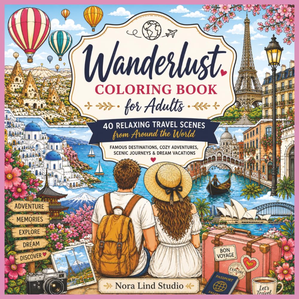Wanderlust Coloring Book for Adults: 40 Relaxing Travel Scenes from Around the World | Famous Destinations, Cozy Adventures, Scenic Journeys & Dream Vacations