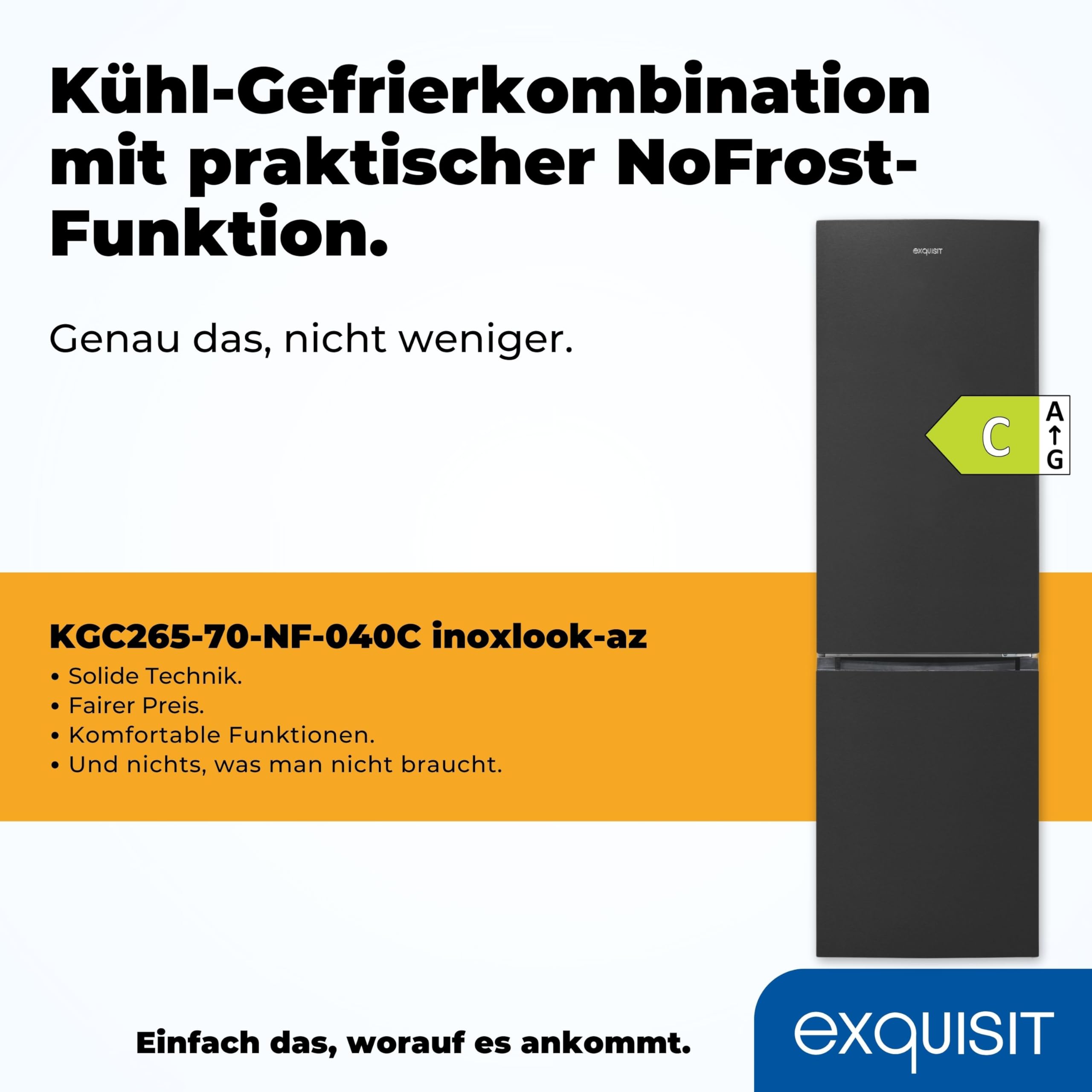 Exquisit Kühl-Gefrierkombination No-Frost Freistehend, 253 L | Energieklasse C, 141 kWh/Jahr – 39 dB leise – Türanschlag wechselbar – Edelstahloptik – LED