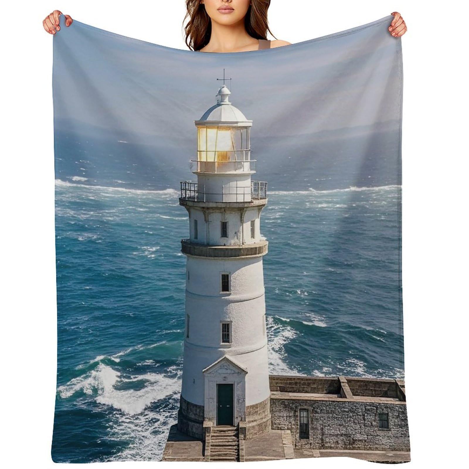 Flannel Lighthouse Sandbeach Throw Blanket for Couch Super Soft Fuzzy Cozy Flannel Blankets No Shed No Pilling FAnti-Static Winter Bed Blanket Decorative and Giftable Blankets
