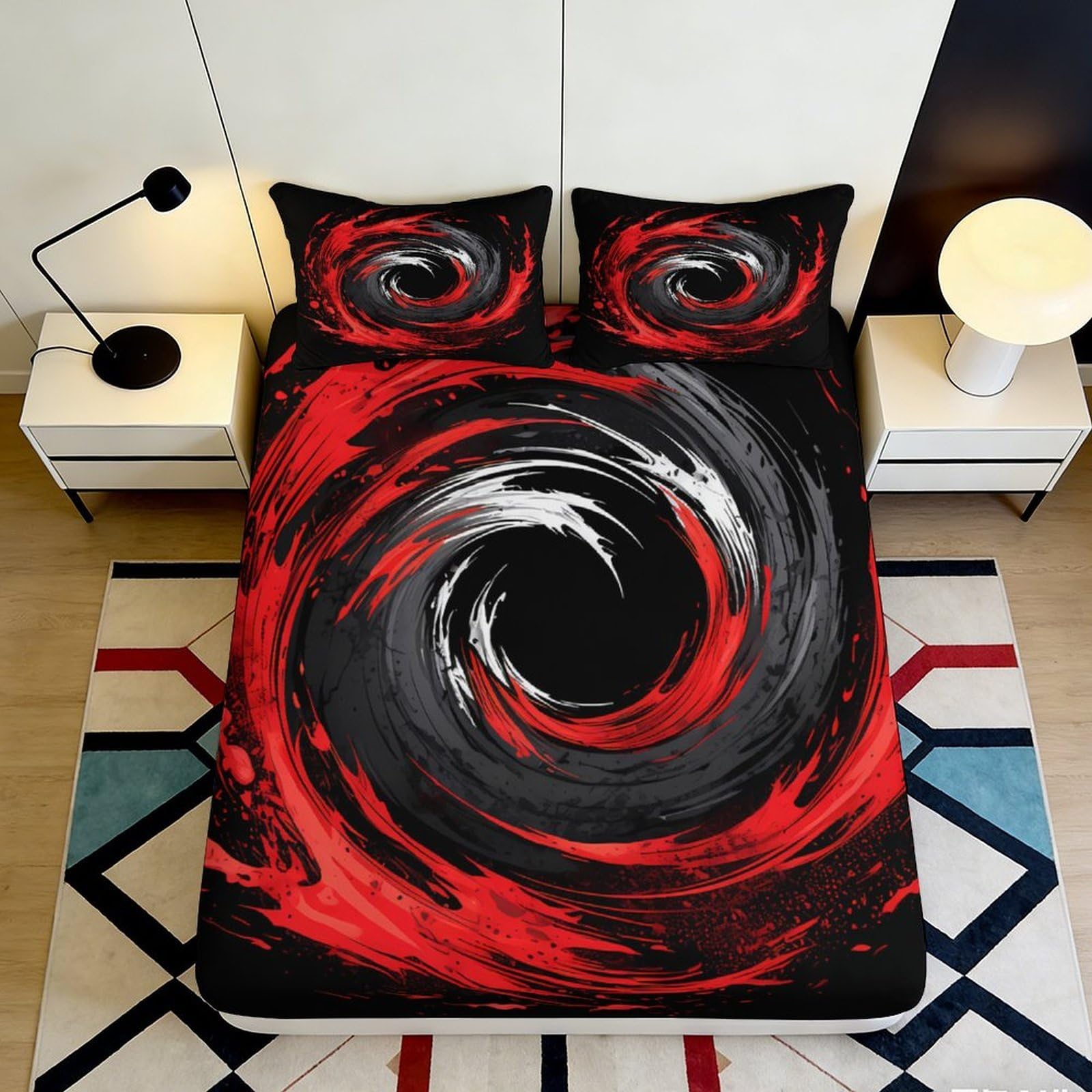 3D Printed Black Red Swirl Fitted Sheet Microfiber Soft Matte Abstract Vortex Bed Cover for Bedroom Dorm Use 90x200x25cm