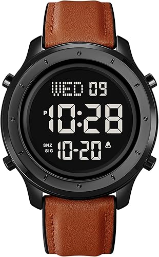 Miniatura 3 de PASOY Reloj de cuero digital con esfera grande para hombre, simple pantalla grande, alarma de cuenta regresiva, cronómetro, retroiluminación LED,