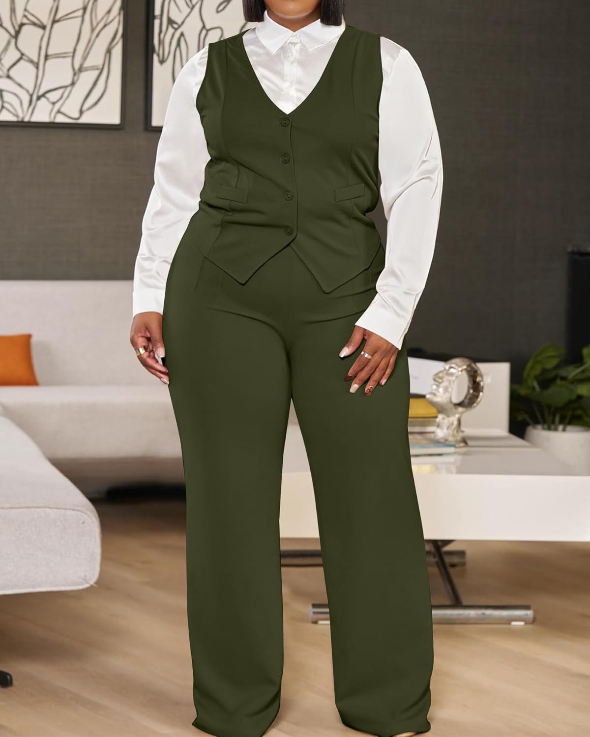 Women's Plus Size Pant Suits 2 Piece Outfits Button Vest Blazer Pockets Wide Leg Pants Sets Casual Pantsuits - Image 8