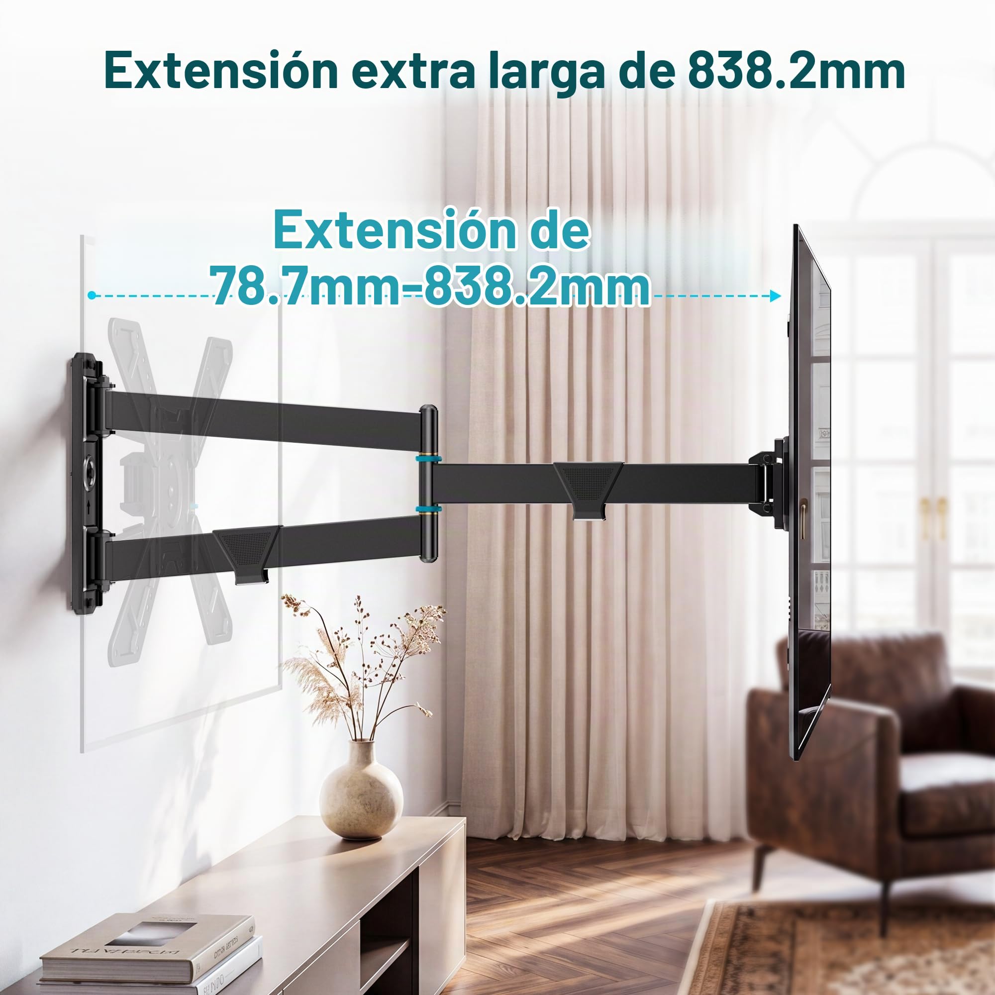 BONTEC Soporte de Pared articulado para TV de 32 a 75 Pulgadas, Brazo Extensible de 838 mm, rotación 90 Grados de Horizontal a Vertical, 50 kg, Giro e inclinación, Montaje en Esquina, VESA 600x400 mm
