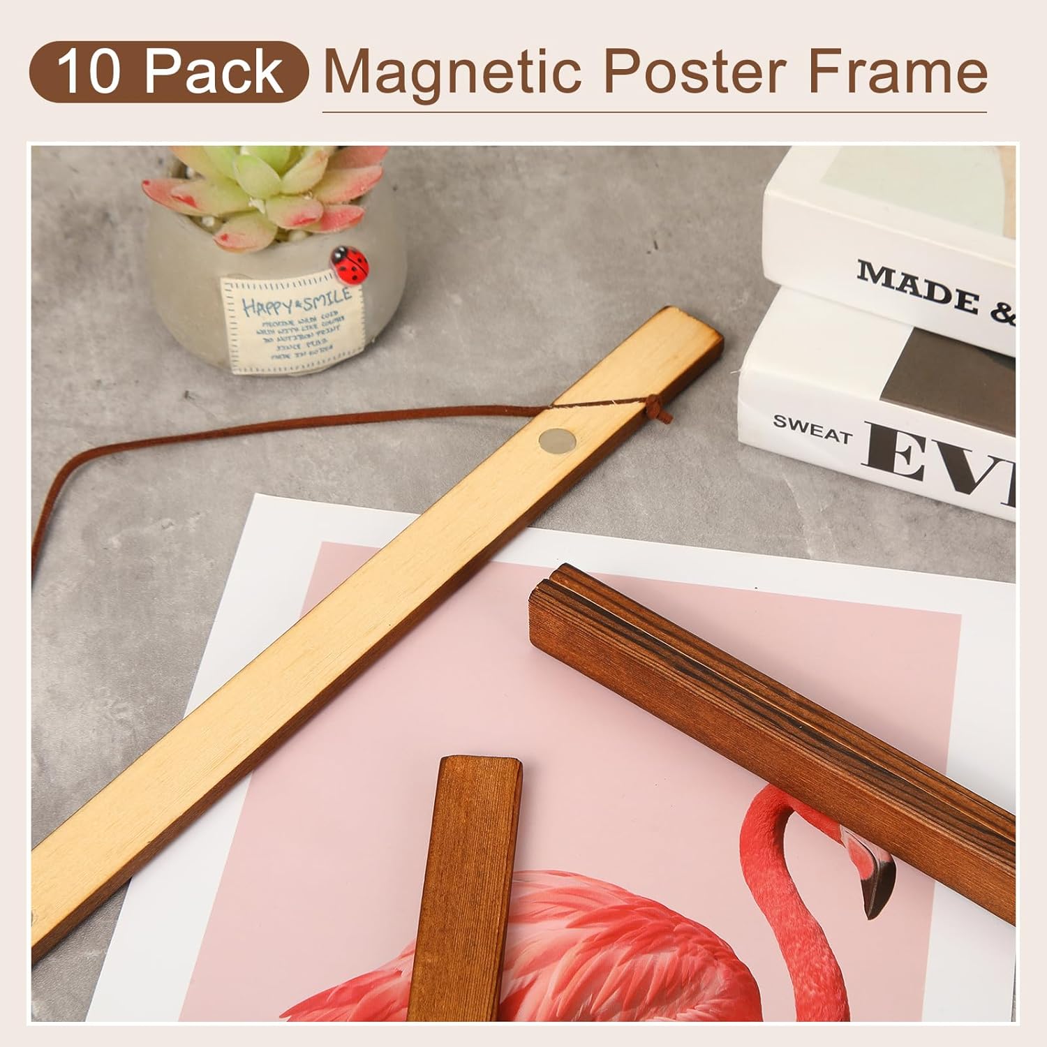 Thyle 10 Pack Magnet Poster Hanger Frame 20x28 20x30 20x24 Light Pine Wood Magnetic Rails Hanging Frame with Rope Magnet Poster Hanger for Photo Picture Print Map (Brown,20 Inch)