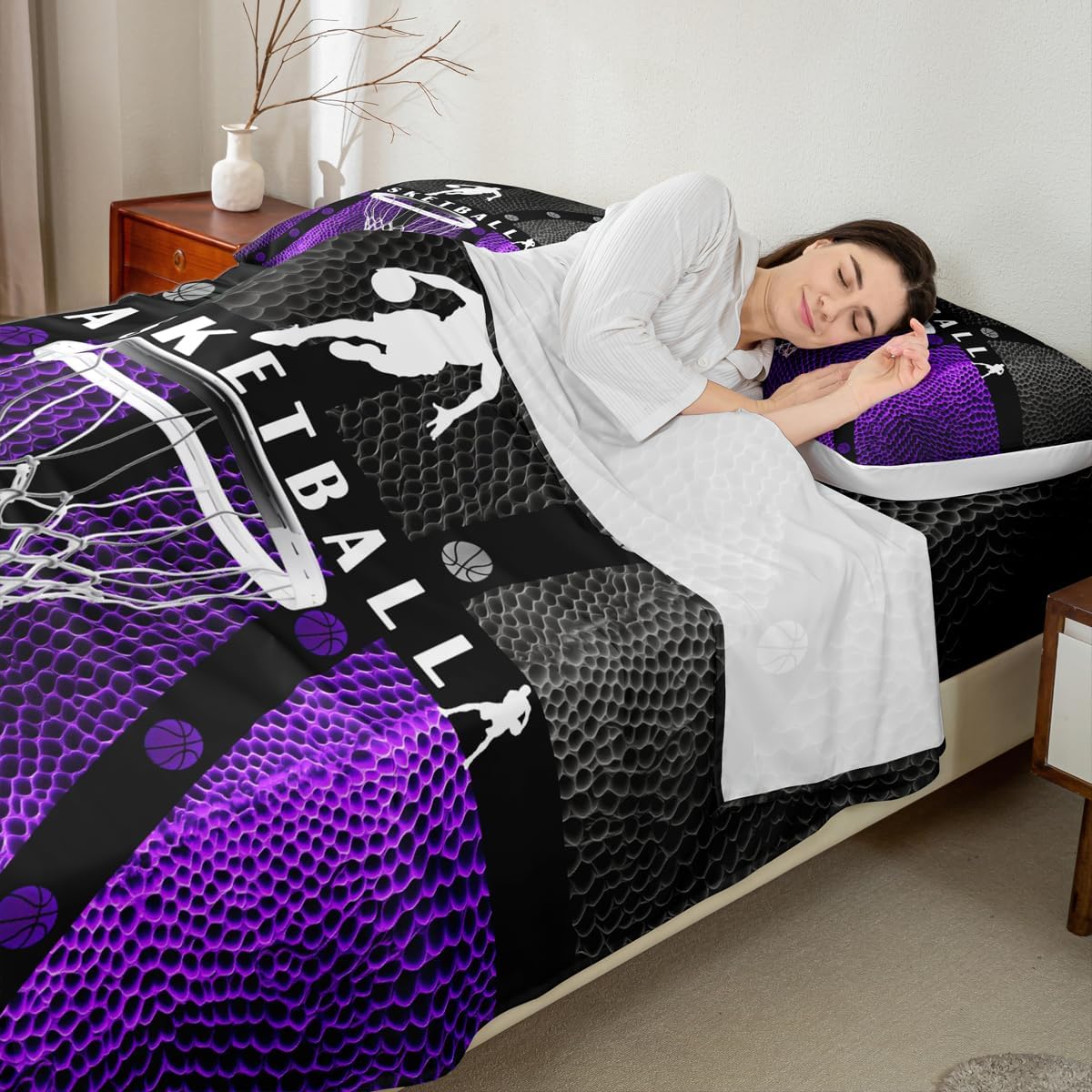 Kids Basketball Sheet Queen Size,Basketball Court Geometric Patchwork Bedding Set,Boys Girls Adults Room Decor,Ball Sports Games Black Purple Chic Bed Sheet Set 4pcs(Fitted + Flat + 2 Pillowcases)