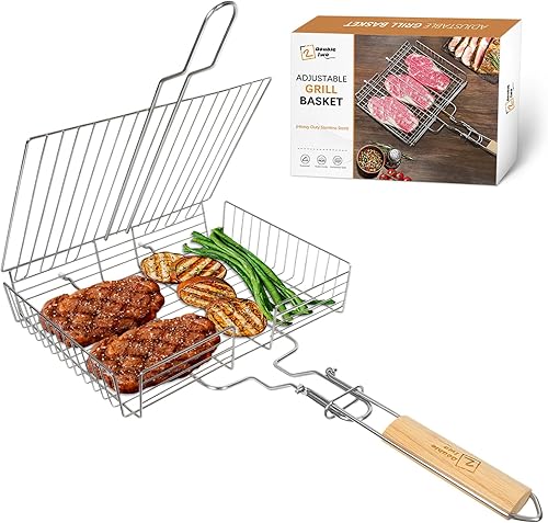 DOBLE DOS  Cesta de parrilla de acero inoxidable, cestas de parrilla para parrilla al aire libre, cesta de parrilla de pescado, para carne,