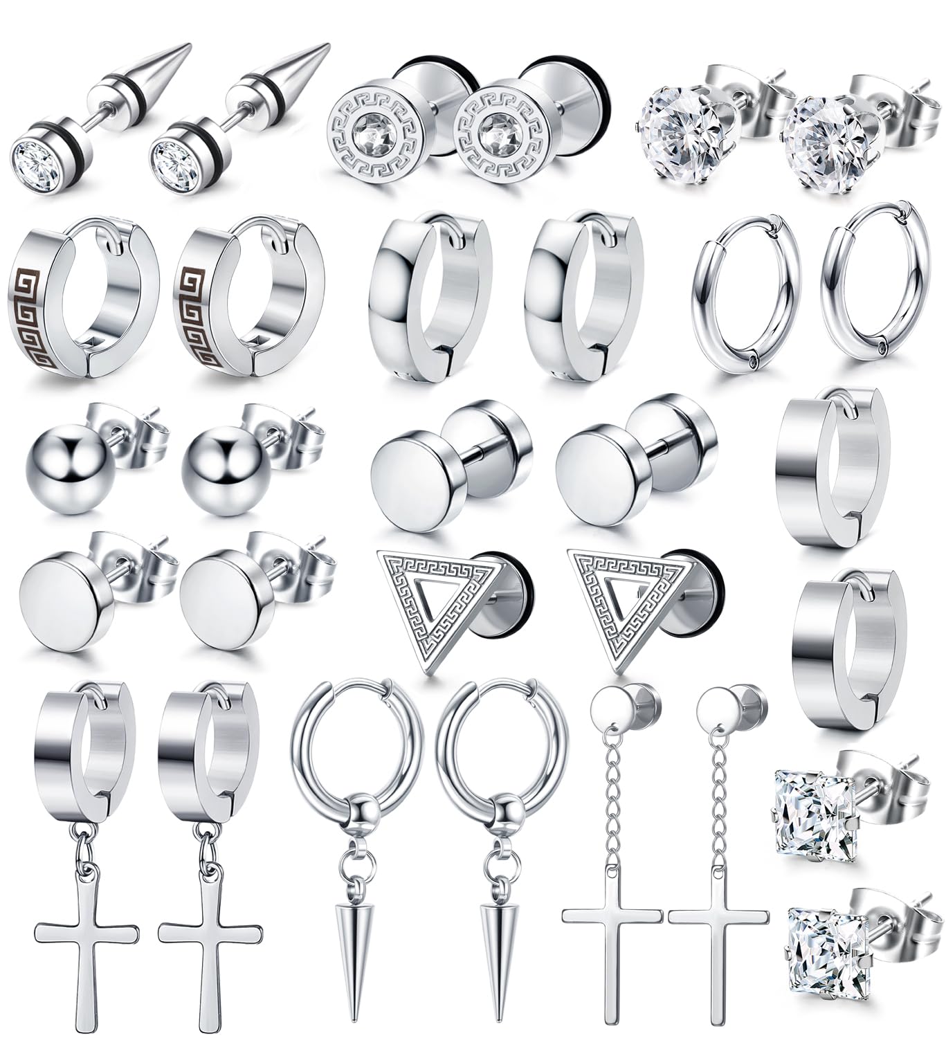 JeweBella 15Pares Pendientes Hombre Acero Inoxidable Pendientes de Aro Plata Pendientes Colgantes con Cruz Piercing Cartílago Pendientes Circonita Juego de Pendientes Negro/Plata para Hombres Mujeres