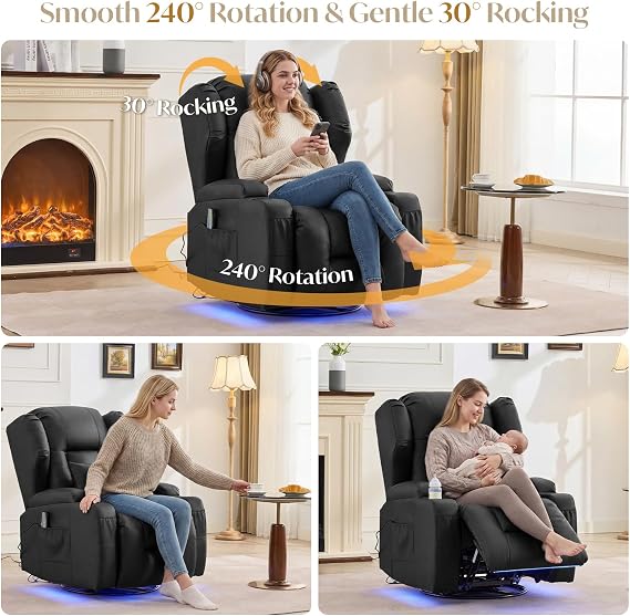 Power Swivel Rocker Recliner Chair for Adults, Dual-Motor Power Recliner with Independent Back & Footrest, Massage & Heat, 3-Sided Lights, USB, Cup Holder, Glider Rocking Chair for Living Room, Black