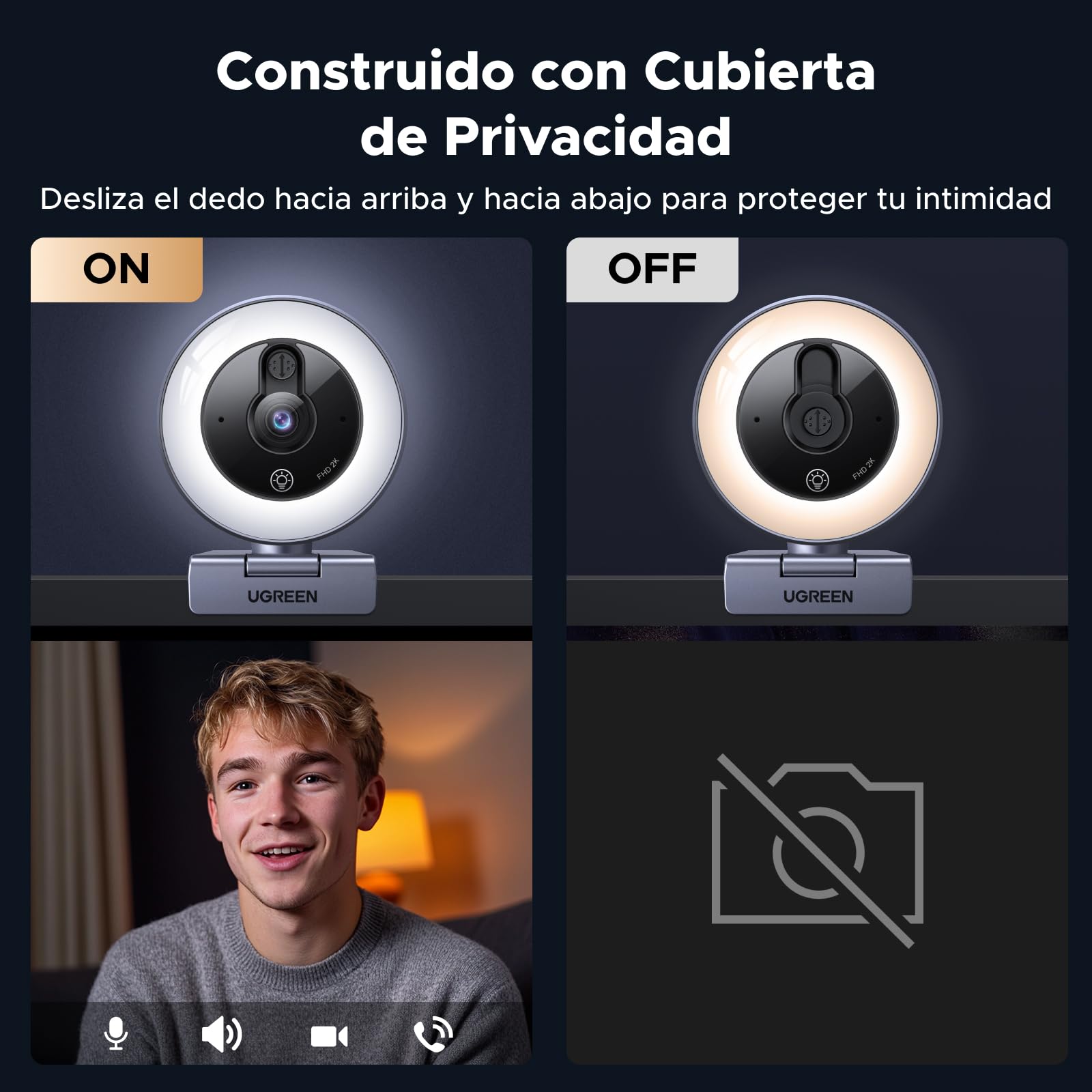 UGREEN Webcam 2K 30FPS Full HD USB A C Webcam Foco Fijo Anillo de Luz LED