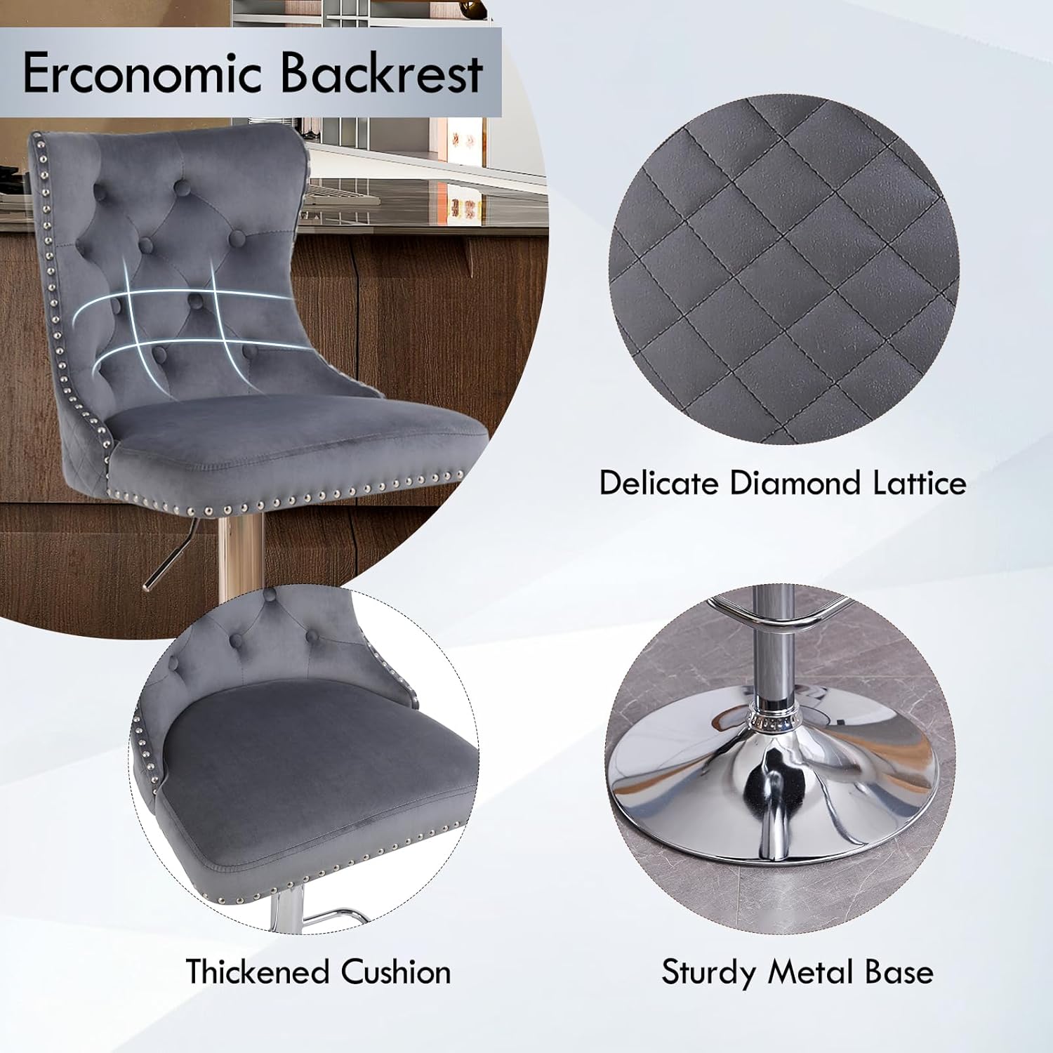 Velvet Bar Stools Set of 4,Modern Swivel Bar Height Stools with Lion Pull Ring,Adjustable Counter Height Chairs with Chrome Footrest/High Tufted Back for Kitchen Island/Dining/Cafe,Dark Grey