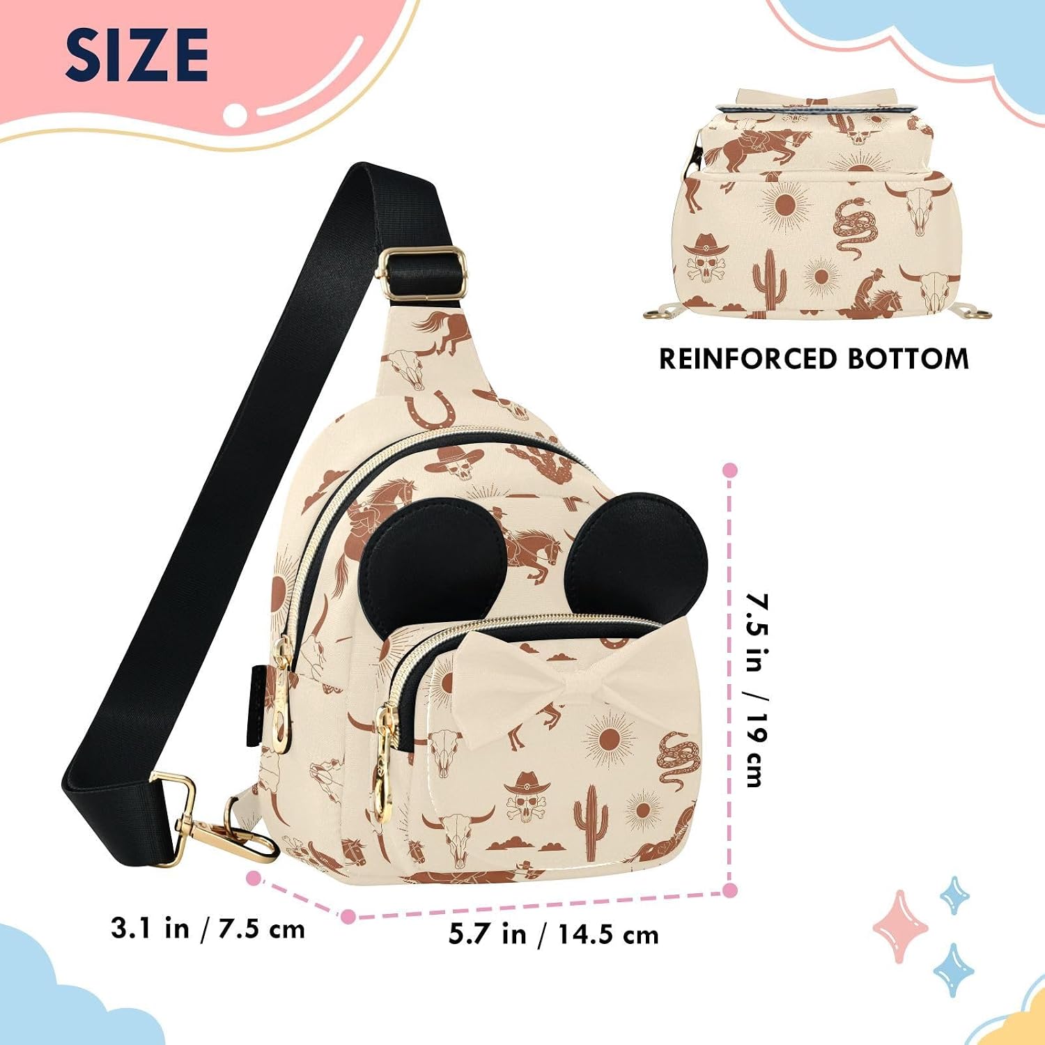 Western Cowboy Kids Crossbody Bags for Girls, 3.1x7.5x5.7 In | Crossbody Fanny Pack, Toddler Purse, Cute Sling Belt Bag with Ears, 2L Small Shoulder Chest Bag for Travel