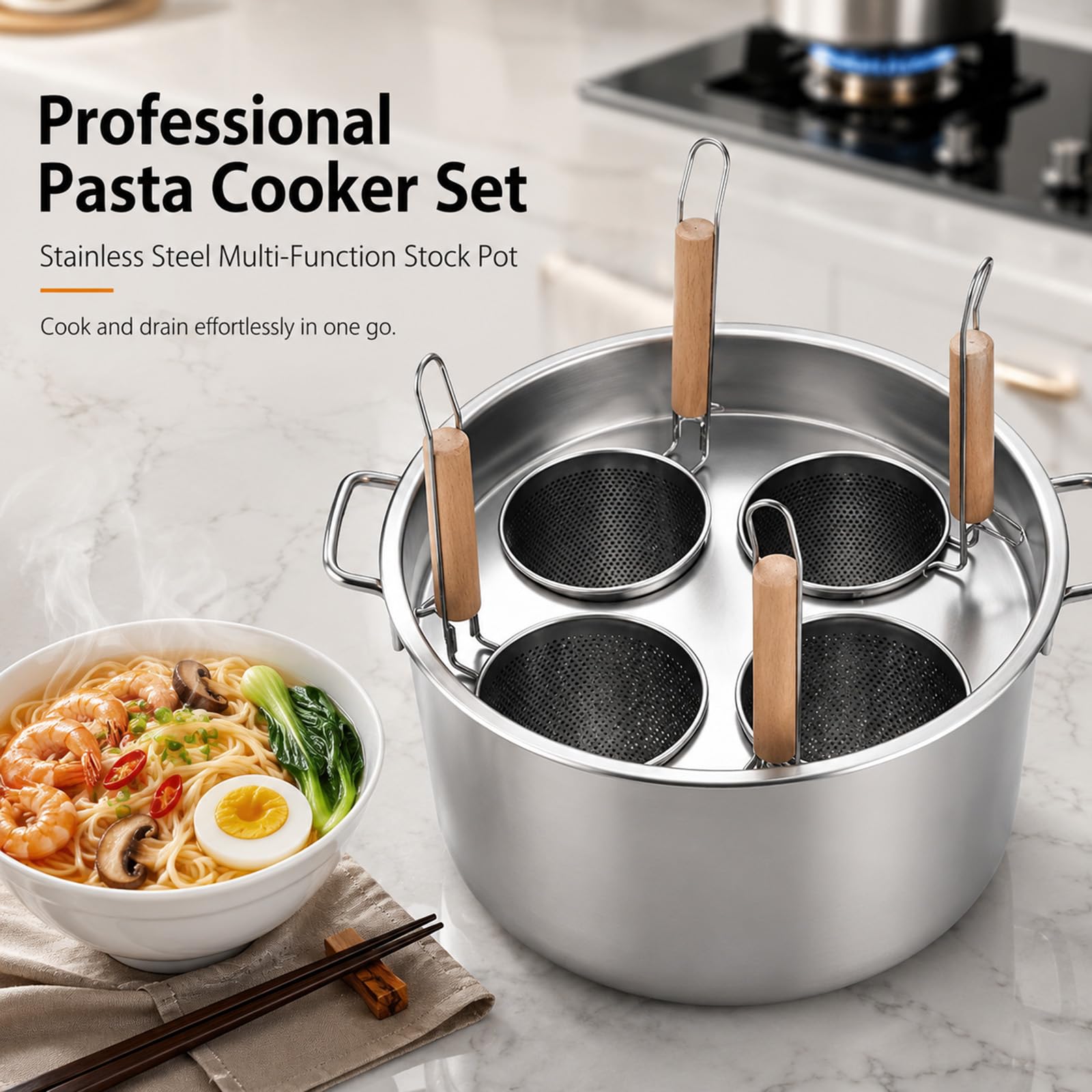 RSBFER Set di cuocipasta in Acciaio Inox con cestelli scolapasta – Cuocere, Sollevare e scolare Facilmente – Pentola a 3/4/5 Scomparti per Pasta, tagliatelle e Gnocchi – Cucine Professionali,5 Hole