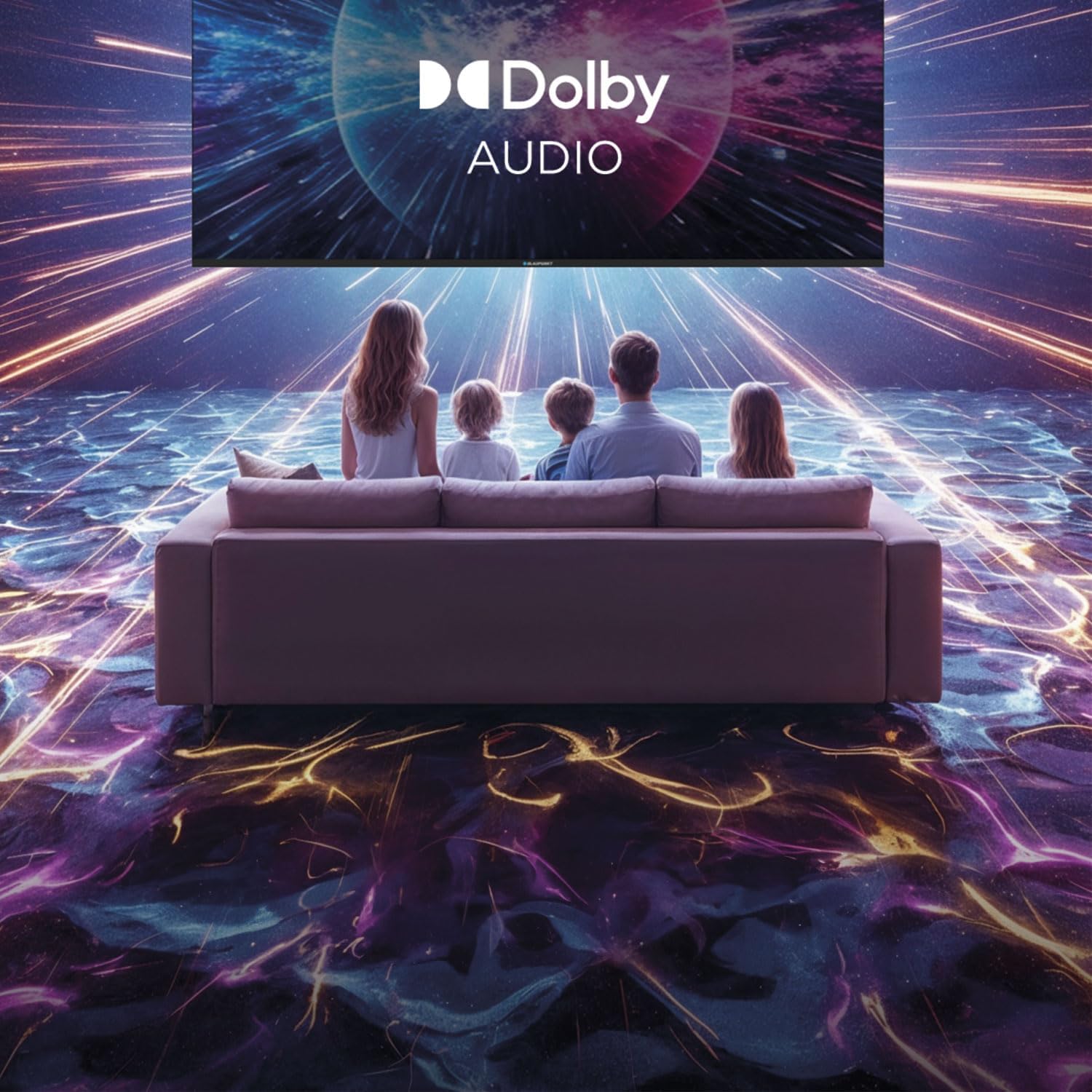 Family watching TV with Dolby Audio logo on screen