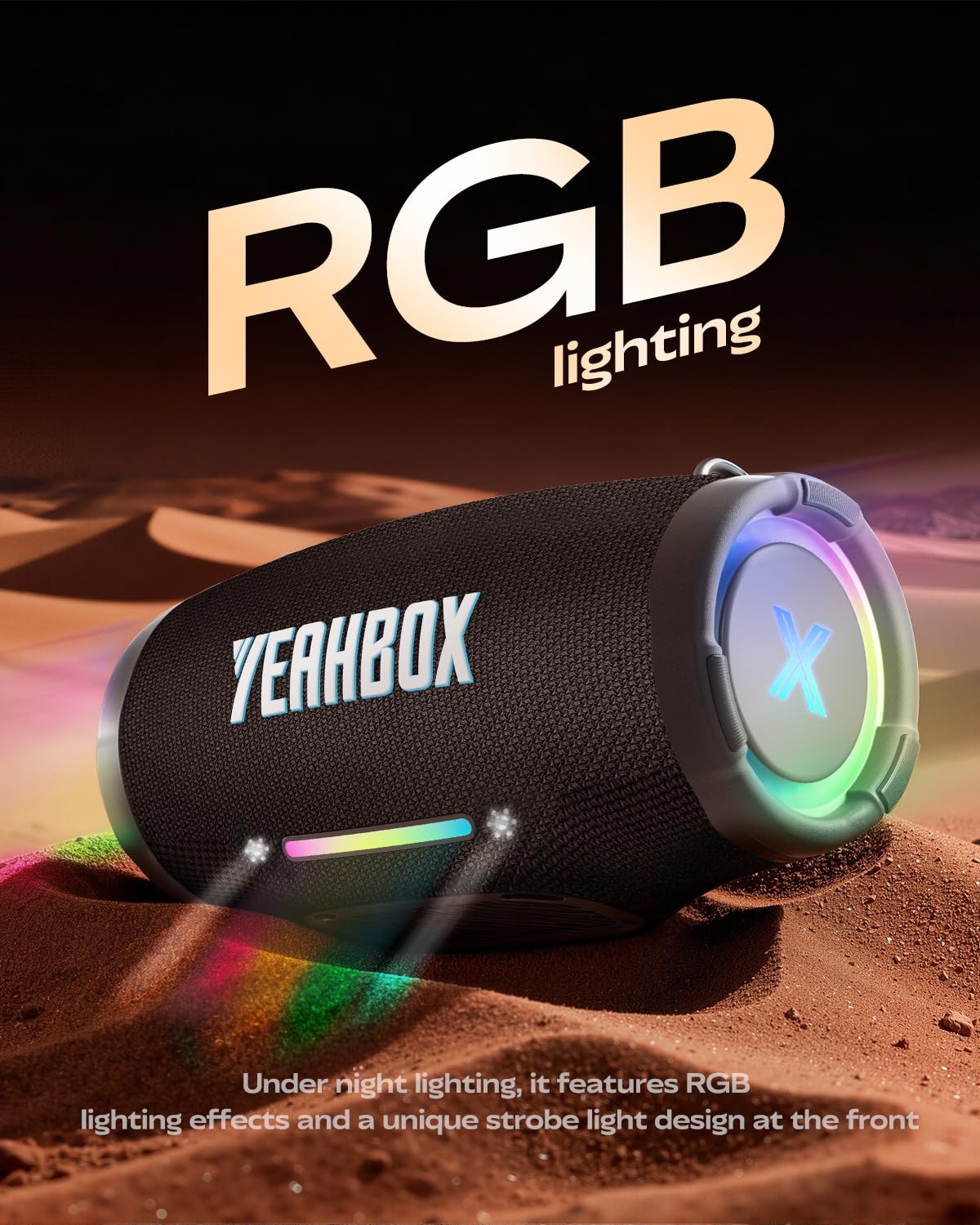 YEAHBOX Nova Beat - Altoparlante Bluetooth portatile, HiFi Party Speaker con Deep Bass Boost, RGB Light Show, protezione IPX, lunga durata, accoppiamento stereo TWS, per casa e all'aperto