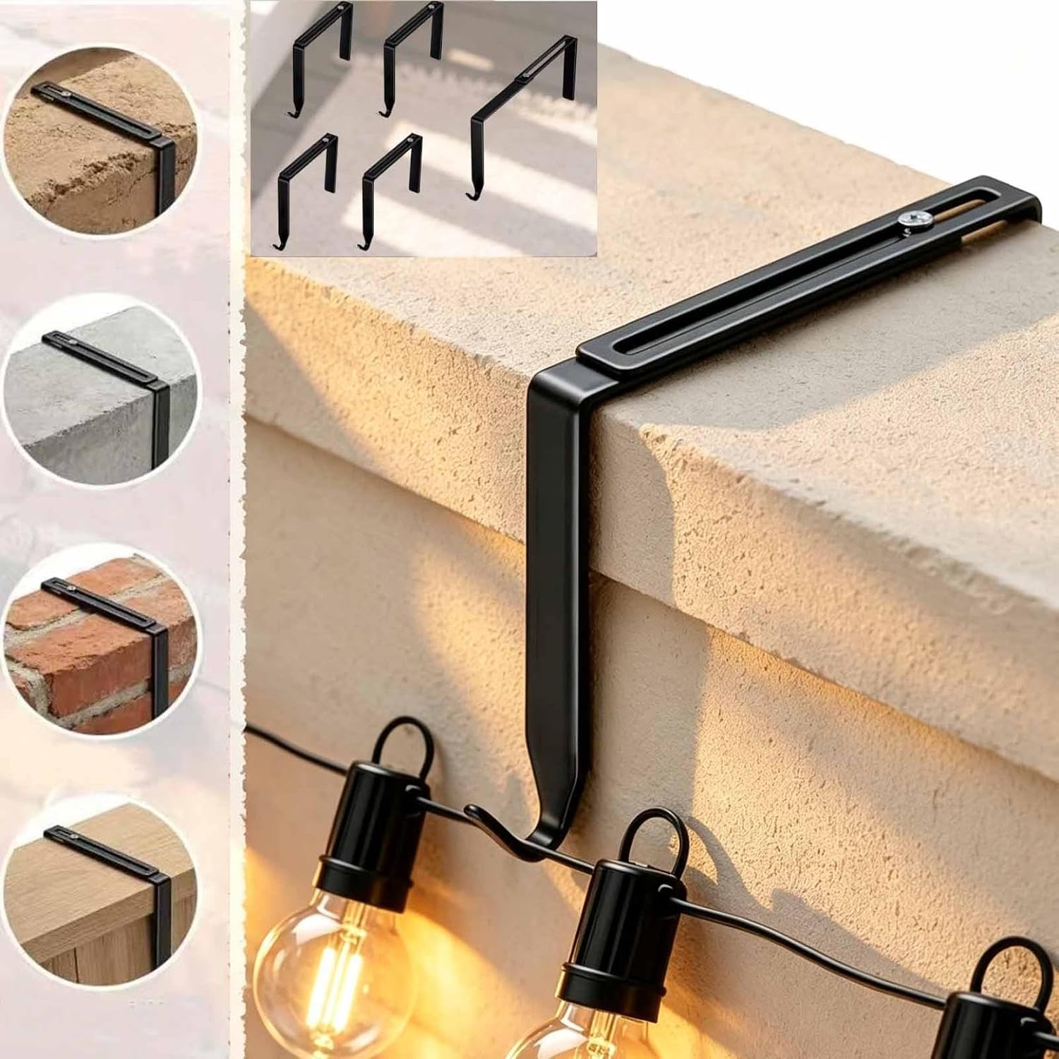 10 Pcs Adjustable Outdoor Light Hooks,No Drill Meta Hangers 3-6 Inch,for Wall Cinder Block Fences, Rope Lights Cable Cord Holders Organizer