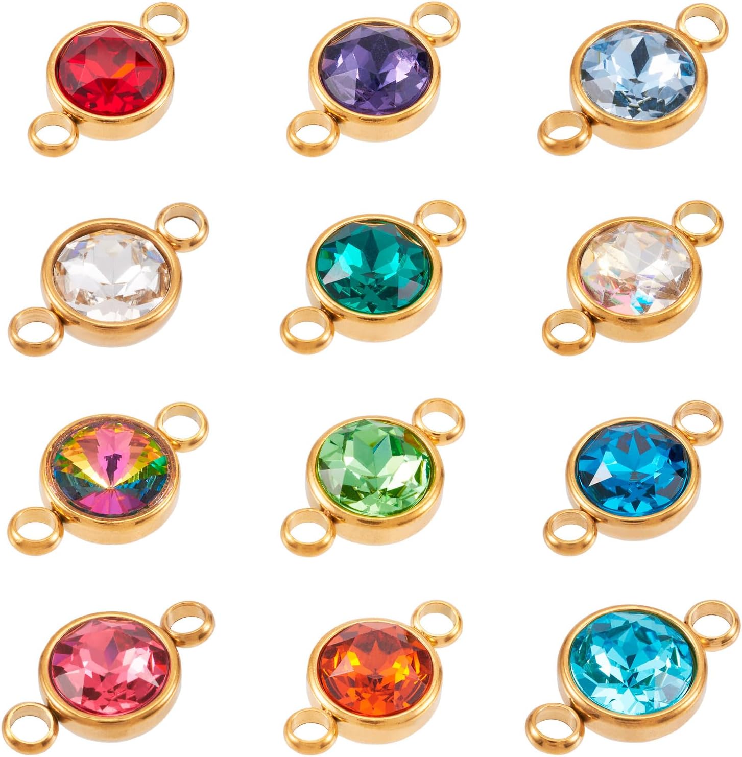 Pandahall 12Pcs Flat Round Birthstone Charms Glass Rhinestone Links Crystal Birthstone Charms Stainless Steel Connector Pendants 12 Colors for Earring Necklace Bracelet Keychain Making