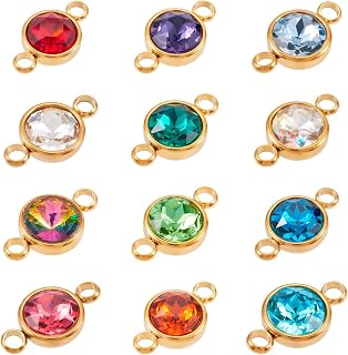 Pandahall 12Pcs Flat Round Birthstone Charms Glass Rhinestone Links Crystal Birthstone Charms Stainless Steel Connector Pendants 12 Colors for Earring Necklace Bracelet Keychain Making