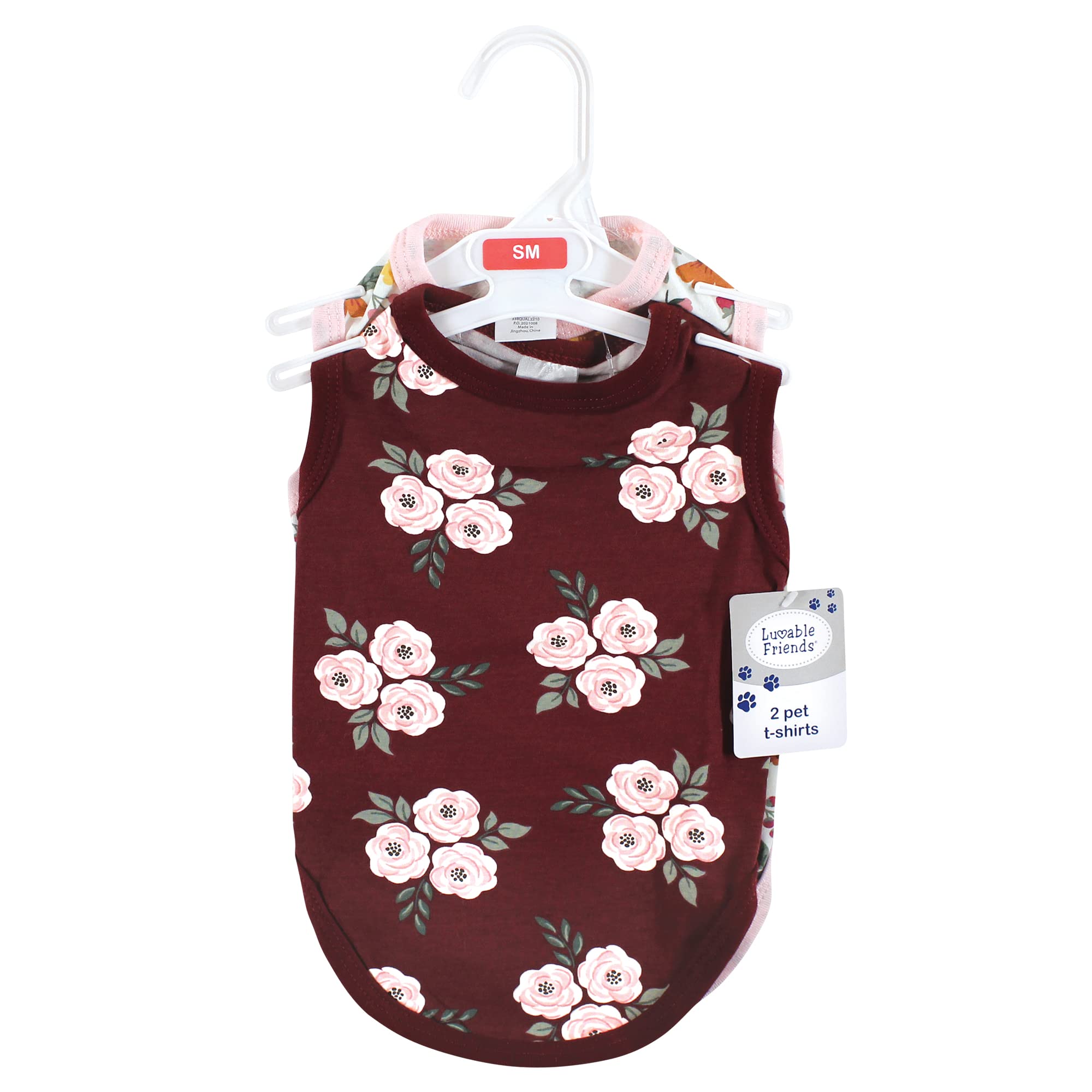Luvable Friends Camisetas de algodón para Perros y Gatos, 2 Unidades, diseño Floral botánico borgoña, Talla M