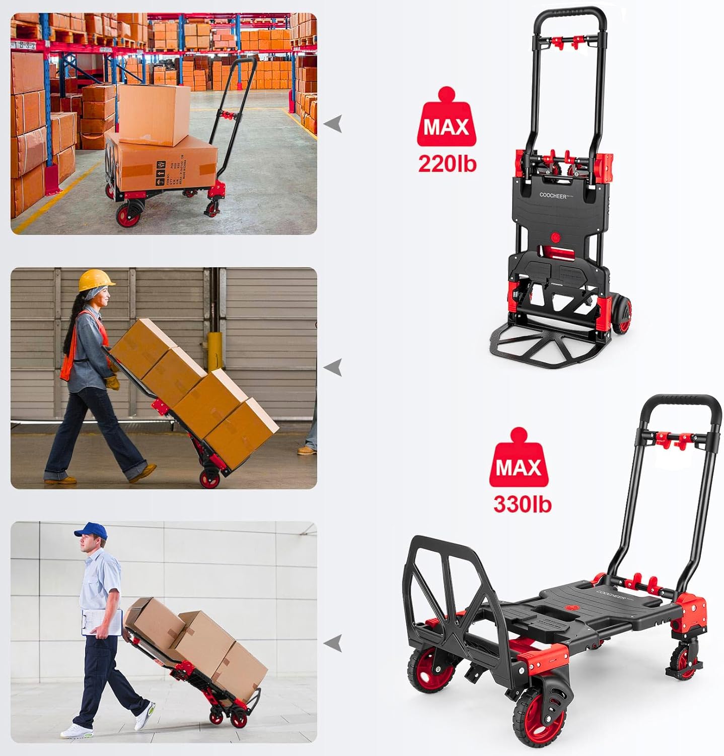 2-in-1 Folding Hand Truck Dolly 330LB Load Carrying, Hand Truck Foldable Dolly with Retractable Handle and 4 Rubber Wheels, Portable Folding Hand Cart for Moving/Travel/Office(Red)