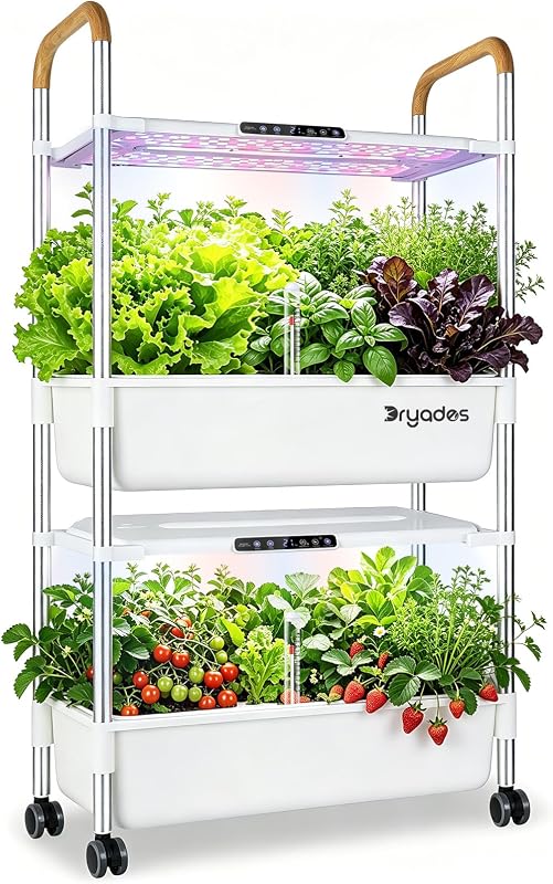 54-Pod Hydroponic Growing System, 2-Tier Indoor Garden for Herbs & Vegetables with 2×30W Full-Spectrum LED Grow Lights, 28L Water Capacity, Rolling Stand, Starter Seeds Included
