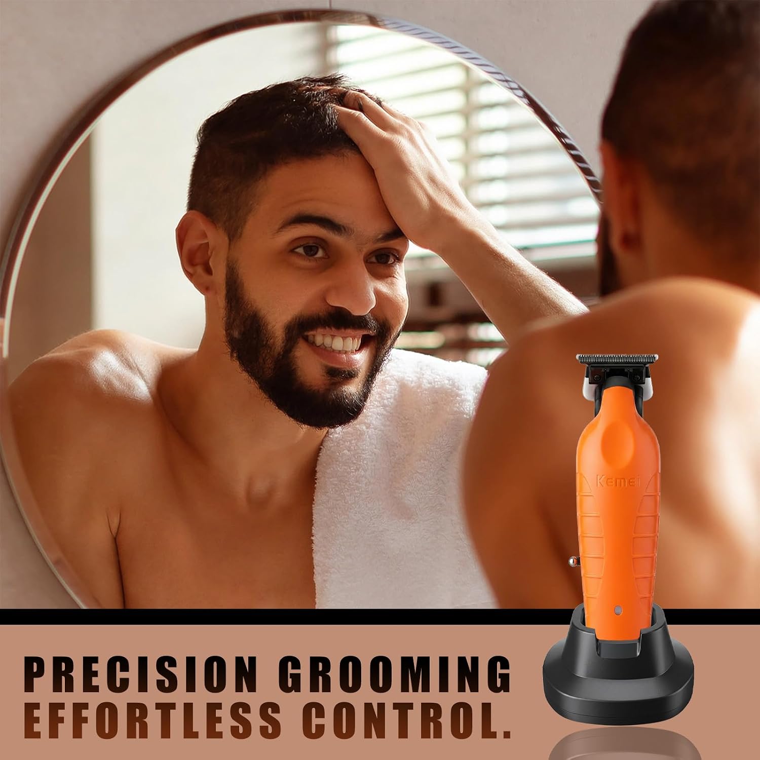 KEMEI 2099 Hair Clippers for Men, Professional Beard Trimmer with Charging Dock, Cordless Rechargeable T Blade Grooming Kit for Barbers, Mustache, Neckline, Line Up, Orange