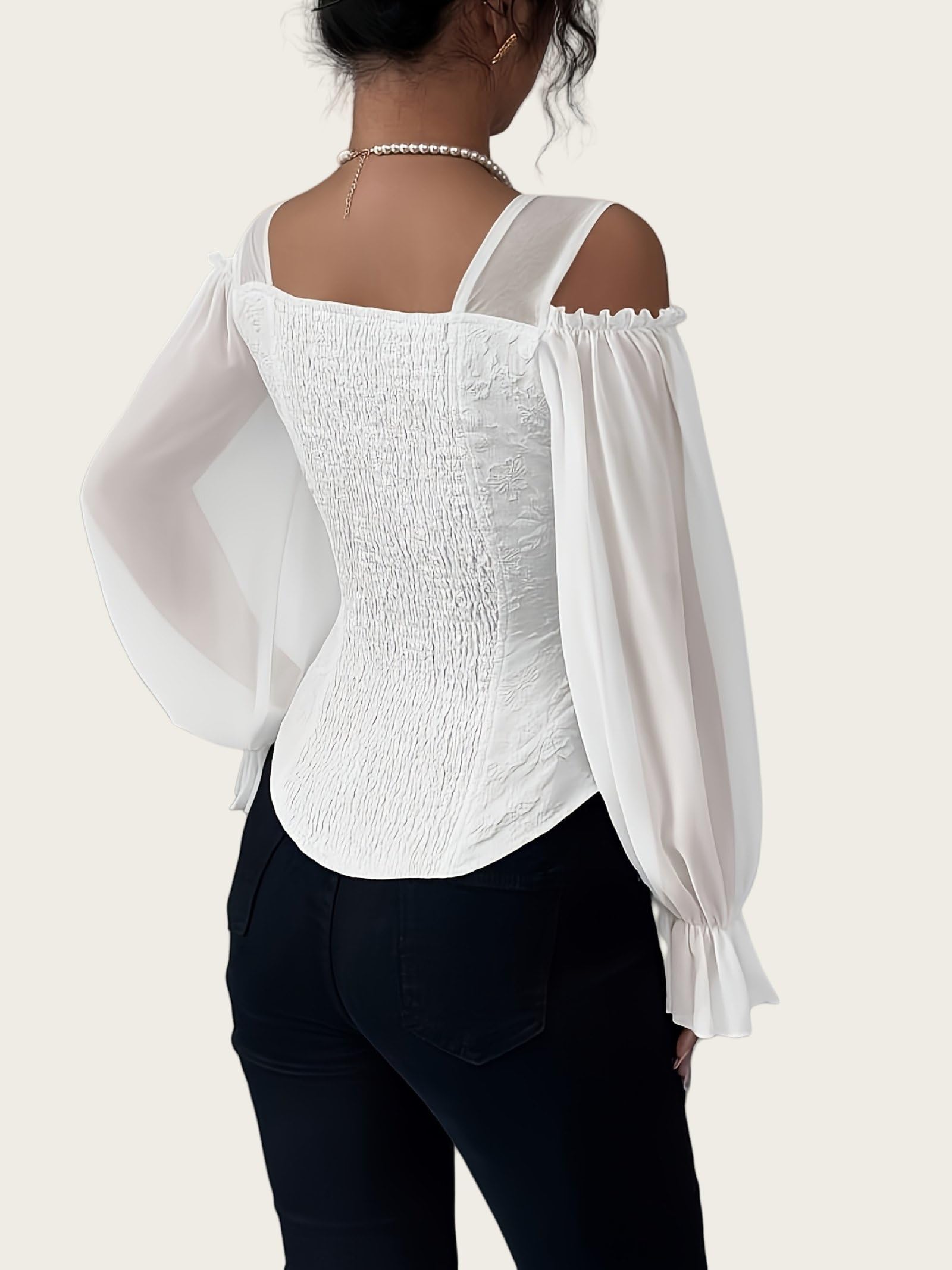 Hauts Tuniques Fluorescents À Imprimé Floral Pour Femmes Épaules Dénudées Col Carré Manches Longues En Maille Blouses Élégantes