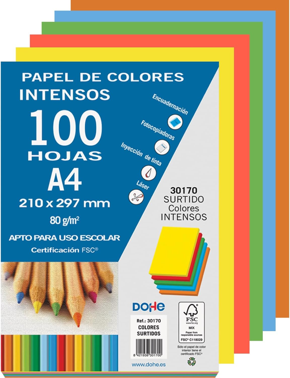 Dohe 30170 - Pack of 100 Sheets of Coloured Paper, 80 g, A4, Bright