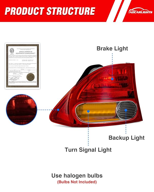 ADCARLIGHTS Tail Light Assembly Pair for 2006-2008 Honda Civic 4DR Sedan DX EX GX LX Hybrid Rear Brake Lights Left Right W/O Bulbs by ADCARLIGHTS - Image 2