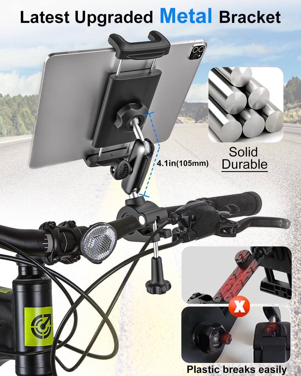 Bike Tablet Holder Handlebar Clamp - [Anti-Shake Metal Arm] Motorcycle Tablet Mount, Universal ipad Holder for Treadmill, Stroller, Wheelchair, Exercise Bike, for 4-13" Tablets Phones