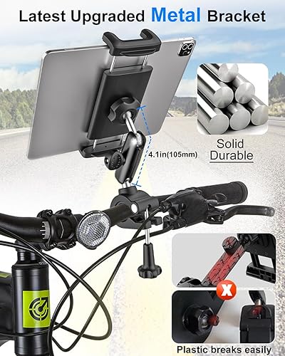 Miniatura 2 de Soporte para tableta de bicicleta, abrazadera para manillar, brazo de metal antivibración, soporte universal para iPad para cinta de correr,