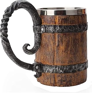 Handmade Wooden Barrel Beer Mug, Bucket Shaped Drinkware with Handle, Stainless Steel Double Wall Cocktail Mug for Bar Restaurant, Vintage Bar Accessories (18 oz)
