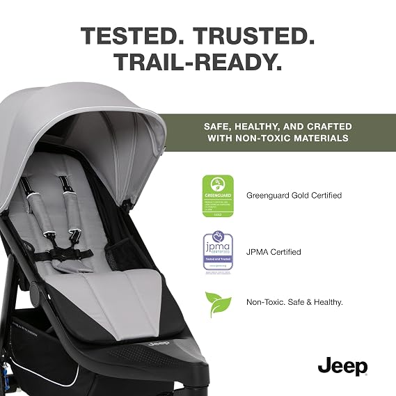 Delta Children - Jeep PowerGlyde Pro Jogging Stroller - 1-Step Back Brake & Hand Deceleration Disc Brakes for Speed Control - 1 Hand Fold, Soft Gray