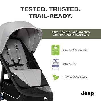 Delta Children - Jeep PowerGlyde Pro Jogging Stroller - 1-Step Back Brake & Hand Deceleration Disc Brakes for Speed Control - 1 Hand Fold, Soft Gray